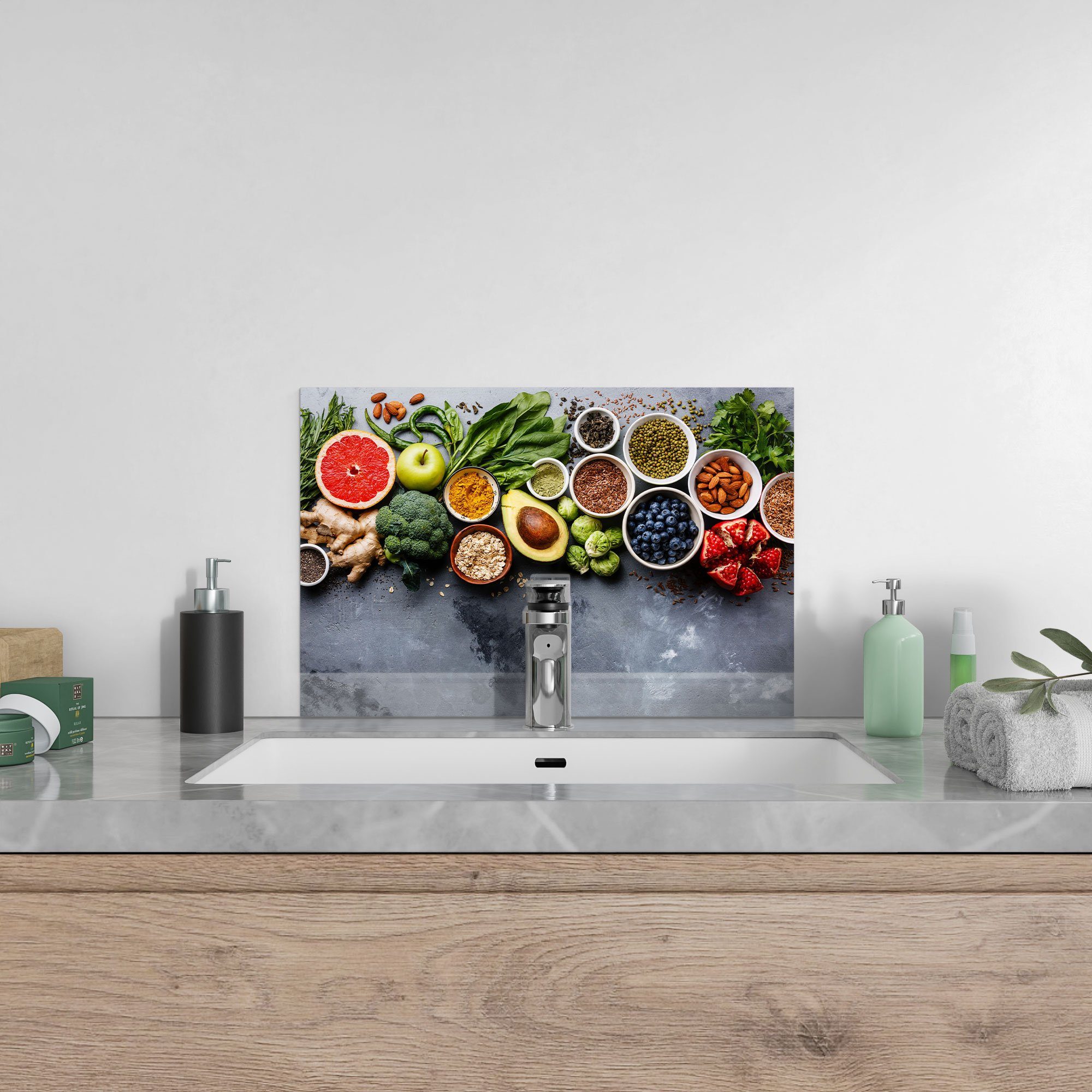 Herdblende Badrückwand Glas Spritzschutz Küchenrückwand 'Auswahl an DEQORI Superfood',