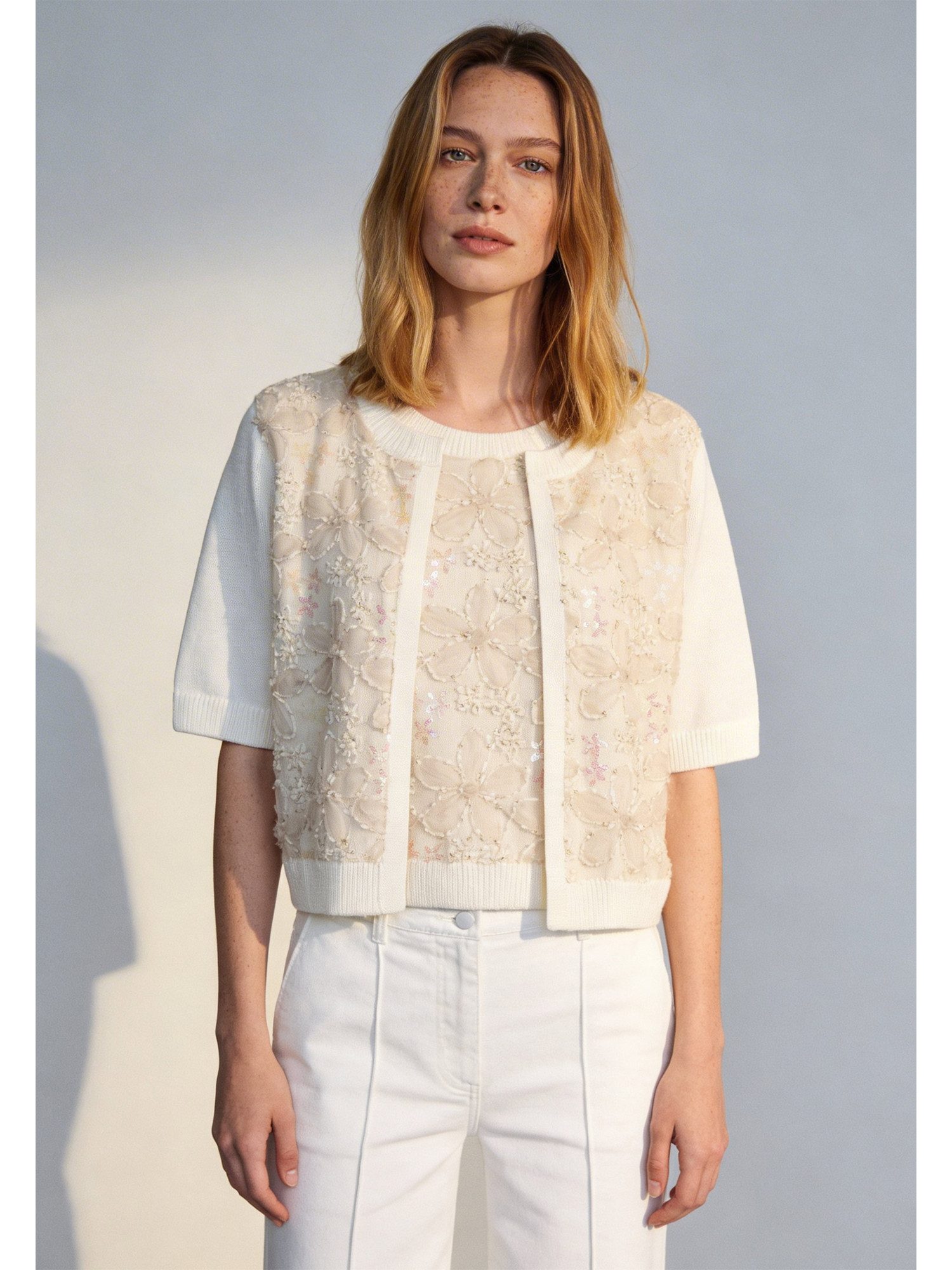 MORE&MORE Stricktop kurzes, edel besticktes Stricktop