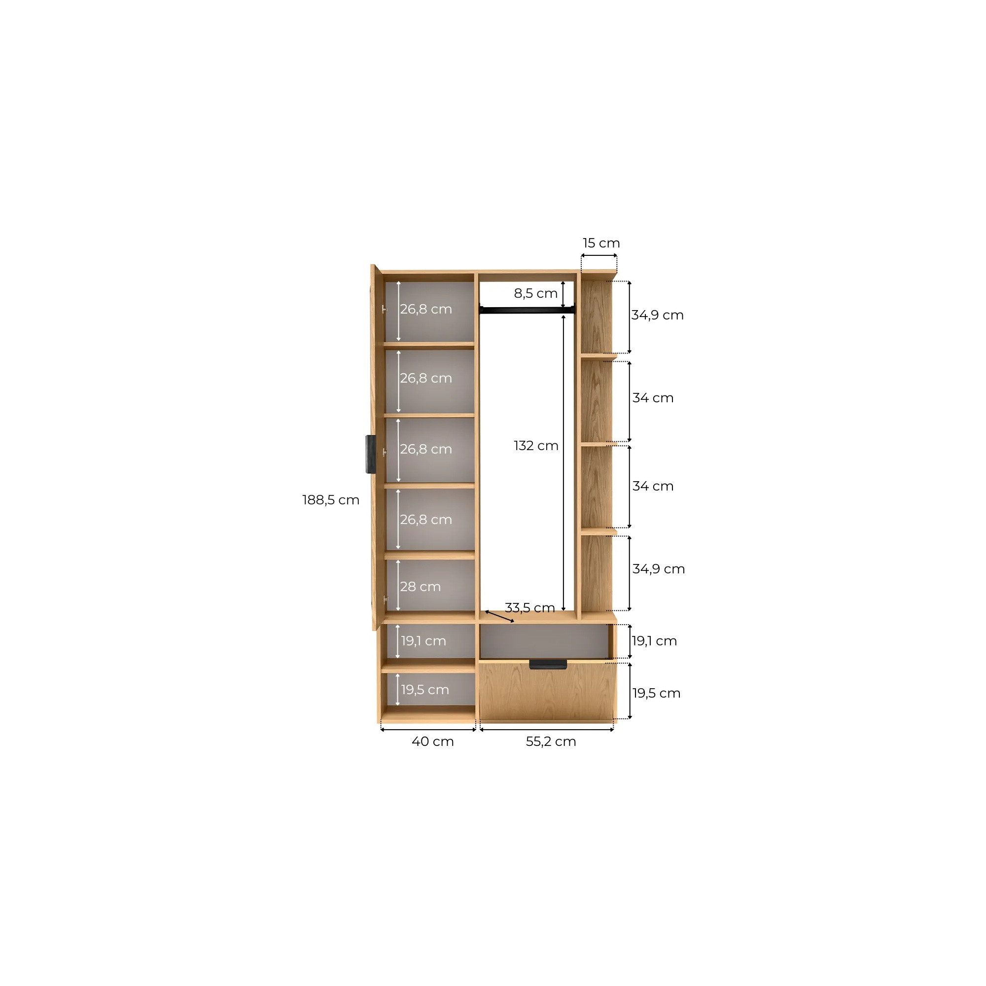 Raumhirsch Furniture Wandgarderobe Garderobenschrank, Flurgarderobe, Schuhschrank, Sitzbank (Maße: 100 x 33 x 189,4 cm (Spiegel, Kleiderstange), viele Farbvarianten), Soft-Close-Scharniere, Metallgriffe, offene Seitenregale, Schuhfächer