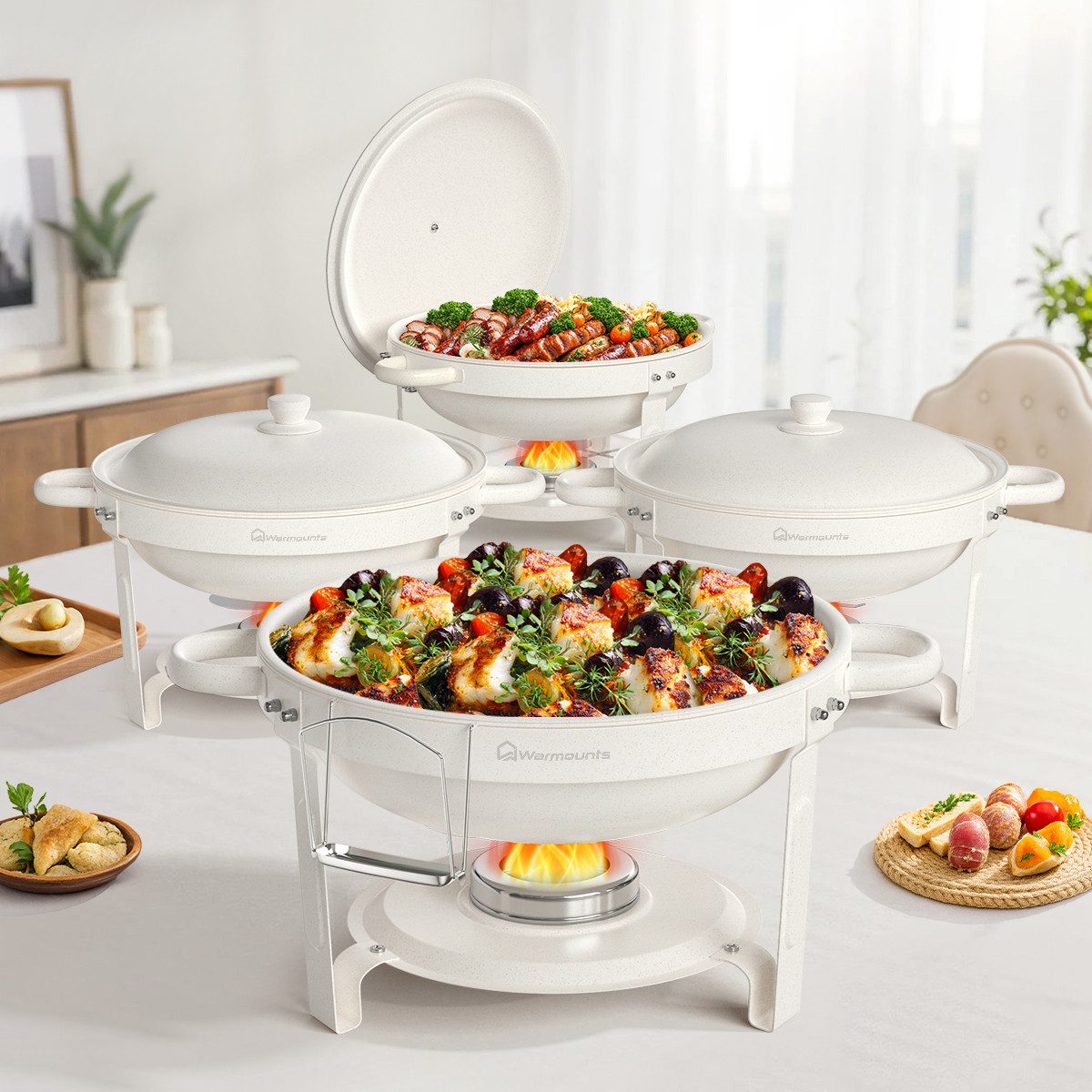 Warmounts Speisenwärmer 4,7L Buffetwärmer Chafing Dish Set Rund, (4-tlg), Maifanite-Beschichtung, 5QT Buffet Warmhalter-Set