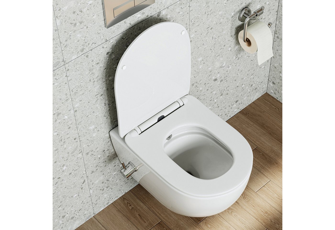 Thumbnail - HOROW Dusch-WC Tiefspül-WC - Spülrandloses WC mit Bidet Funktion und Einhebelarmatur, wandhängend, Abgang Waagerecht, Bi...