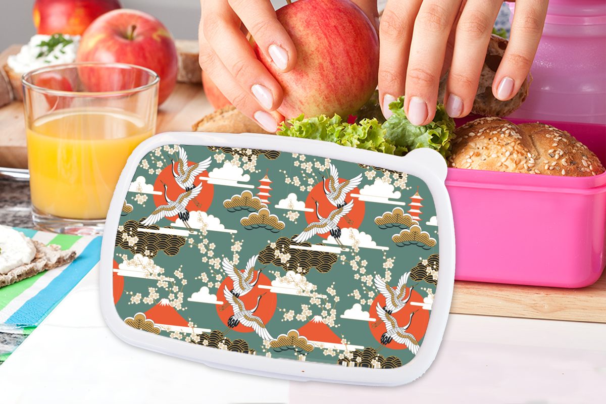 MuchoWow Lunchbox Kranich Kunststoff, (2-tlg), Muster, für - rosa Kinder, Sakura Sonne Kunststoff Brotdose Snackbox, Erwachsene, - - Brotbox Mädchen