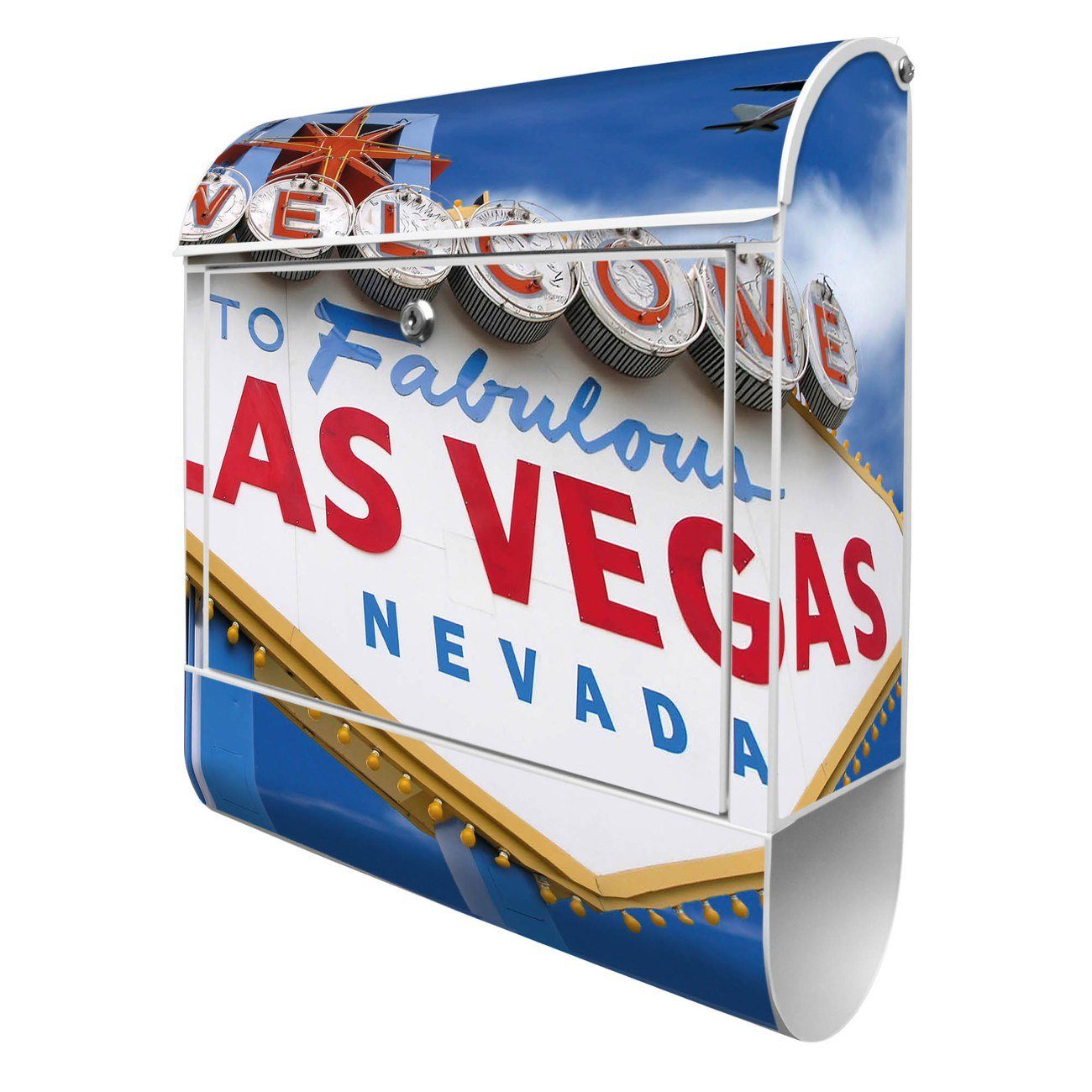 banjado Wandbriefkasten Stahl Las Vegas (Wandbriefkasten witterungsbeständig, pulverbeschichtet, mit Zeitungsfach), 39 x 47 x 14cm weiß