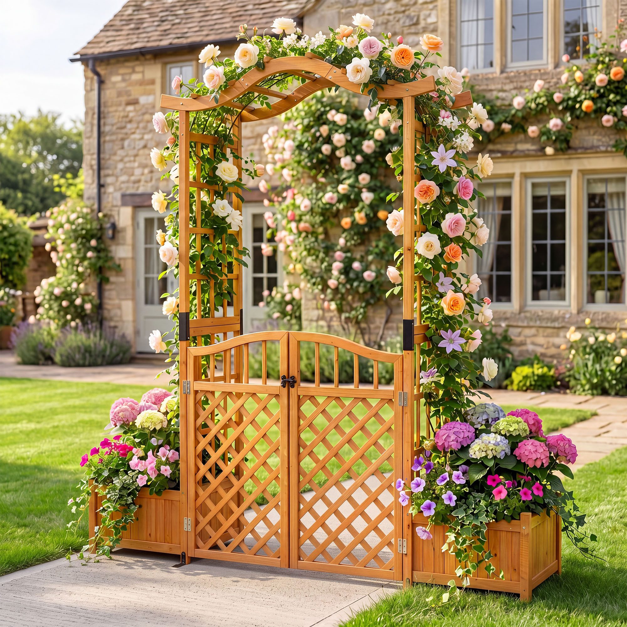 KOMFOTTEU Rosenbogen, Gartenbogen mit 2 Blumenkasten & Doppeltüren