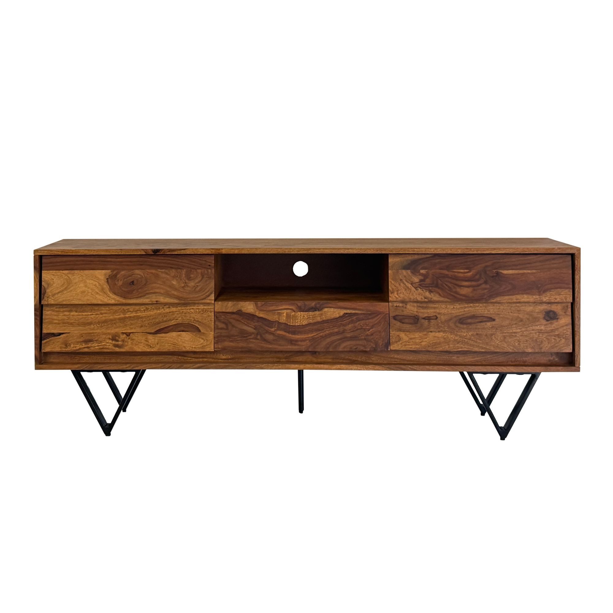 FINEBUY Lowboard Massivholz 160 cm Türen Schublade Fach Metallfüße (3D Fronten, 160 cm, Fernsehkommode Massivholz), TV-Schrank Modern Fernsehtisch, TV-Kommode Hoch