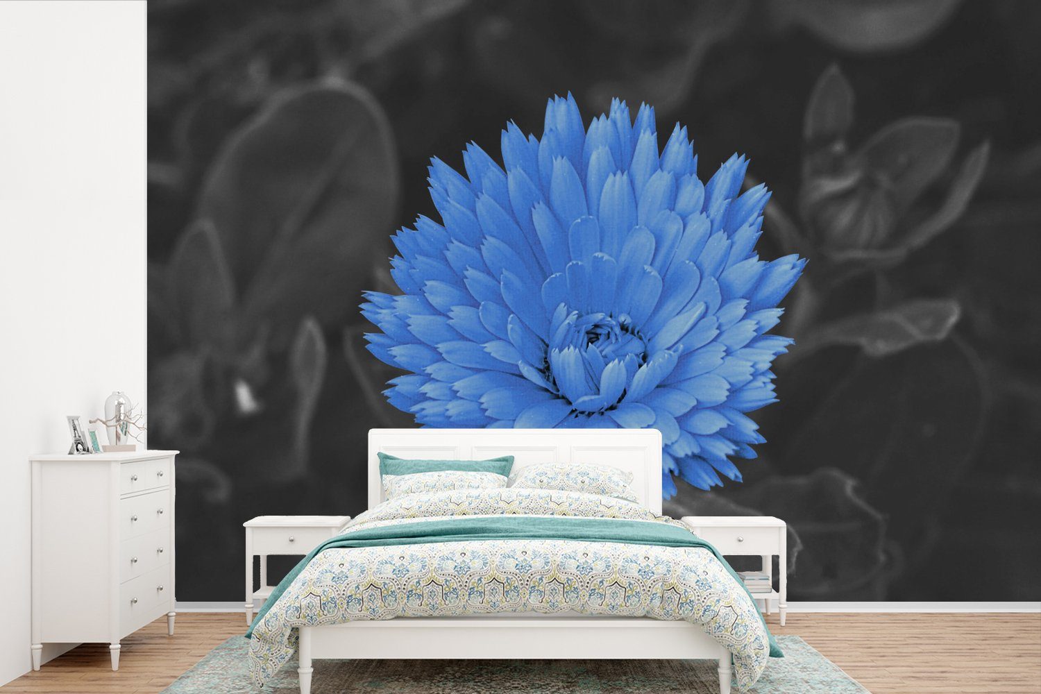 MuchoWow Fototapete Blumen - Schwarz - Weiß - Blau, Matt, bedruckt, (6 St), Wallpaper für Wohnzimmer, Schlafzimmer, Kinderzimmer, Vinyl Tapete