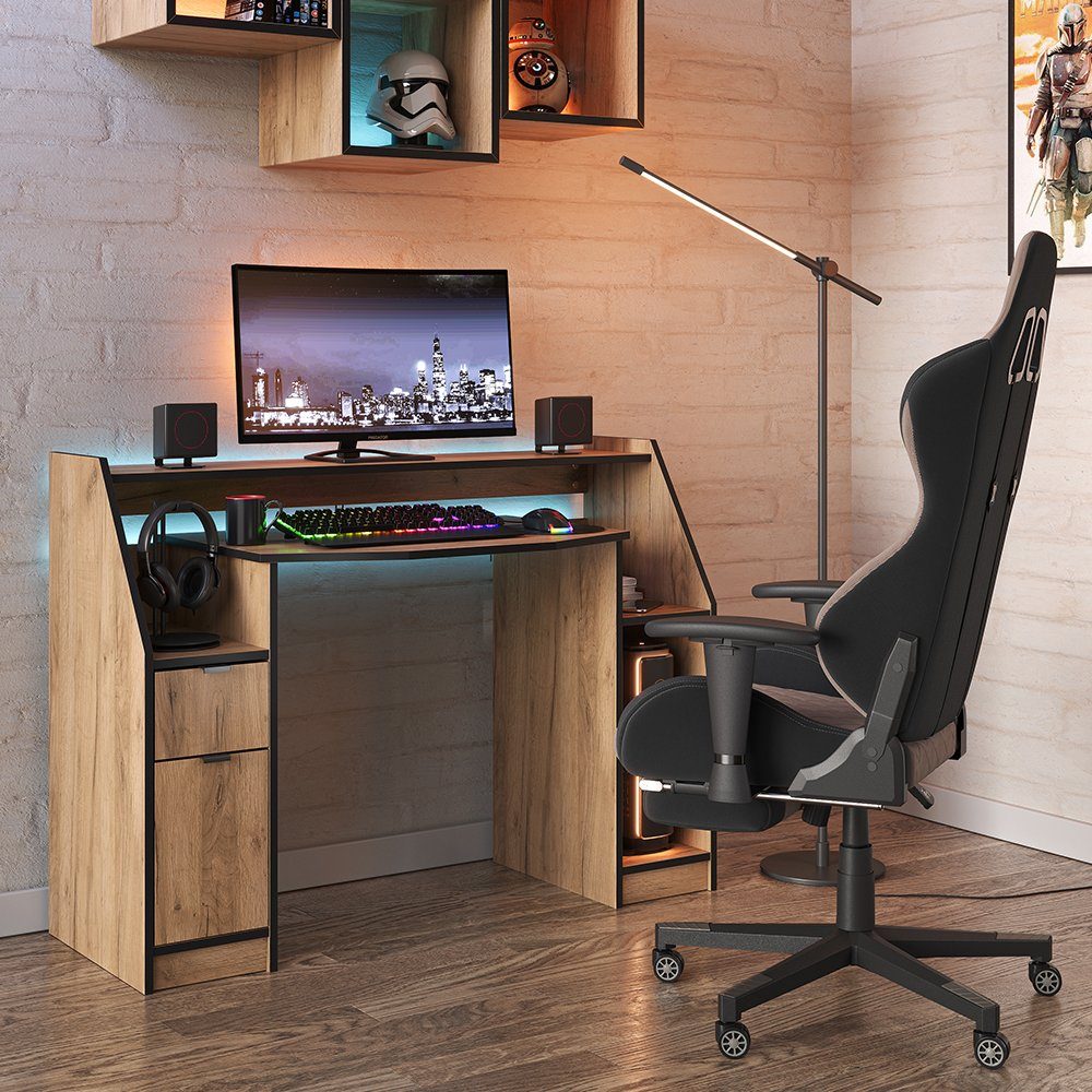 Vicco Computertisch Joel, Goldkraft Eiche/Schwarz, 123.2 x 45cm mit 1 Schublade und 1 Tür (1-St)