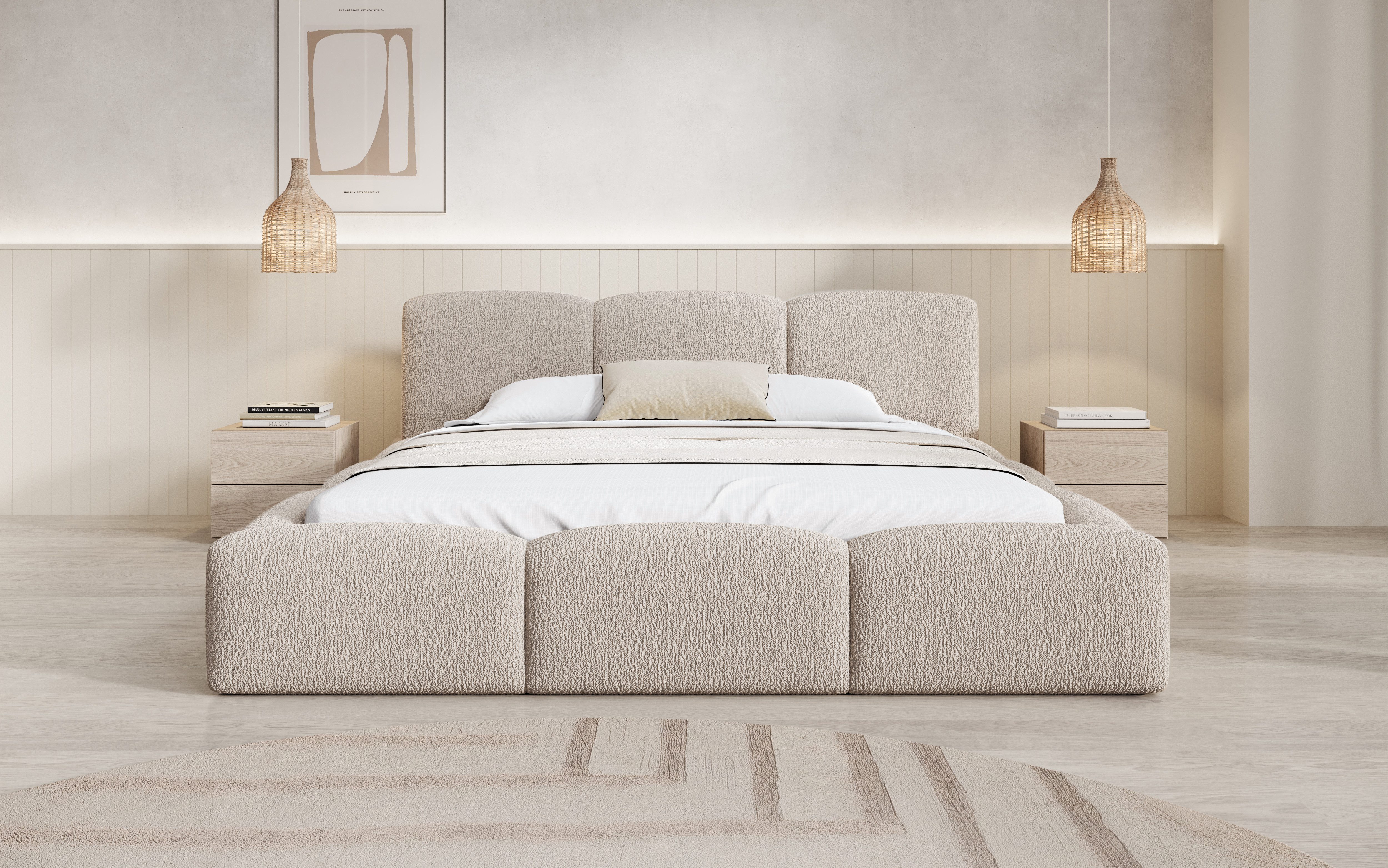 Compleo Polsterbett mit Bettkasten, bubble low, Designerbett Bouclé-Stoff MONTIS (120/140/160/180/200), MADE IN EU, TOPSELLER