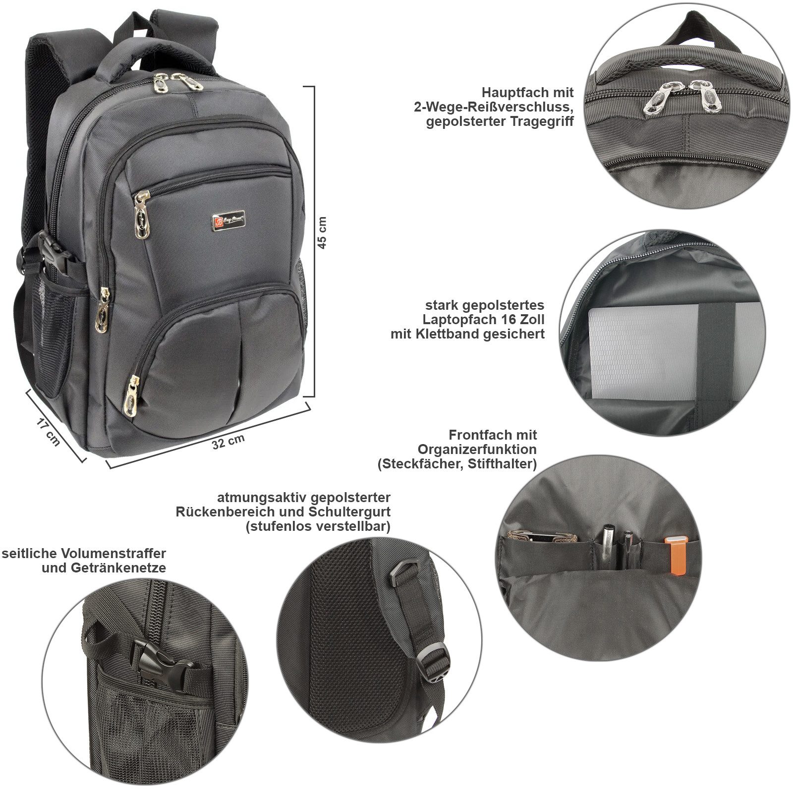 BAG STREET INTERNATIONAL Laptoprucksack Großer Business Rucksack Laptopfach 16" gut gepolstert Daypack schwarz