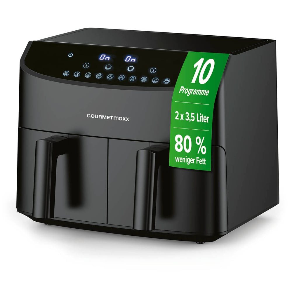 GOURMETmaxx Heißluftfritteuse Doppelkammer-Heißluftfritteuse 2x 3,5L, Airfryer, 2400 W, Pommes & Nuggets fettarm zubereiten 2400 Watt 9 Funktionen bis 230°