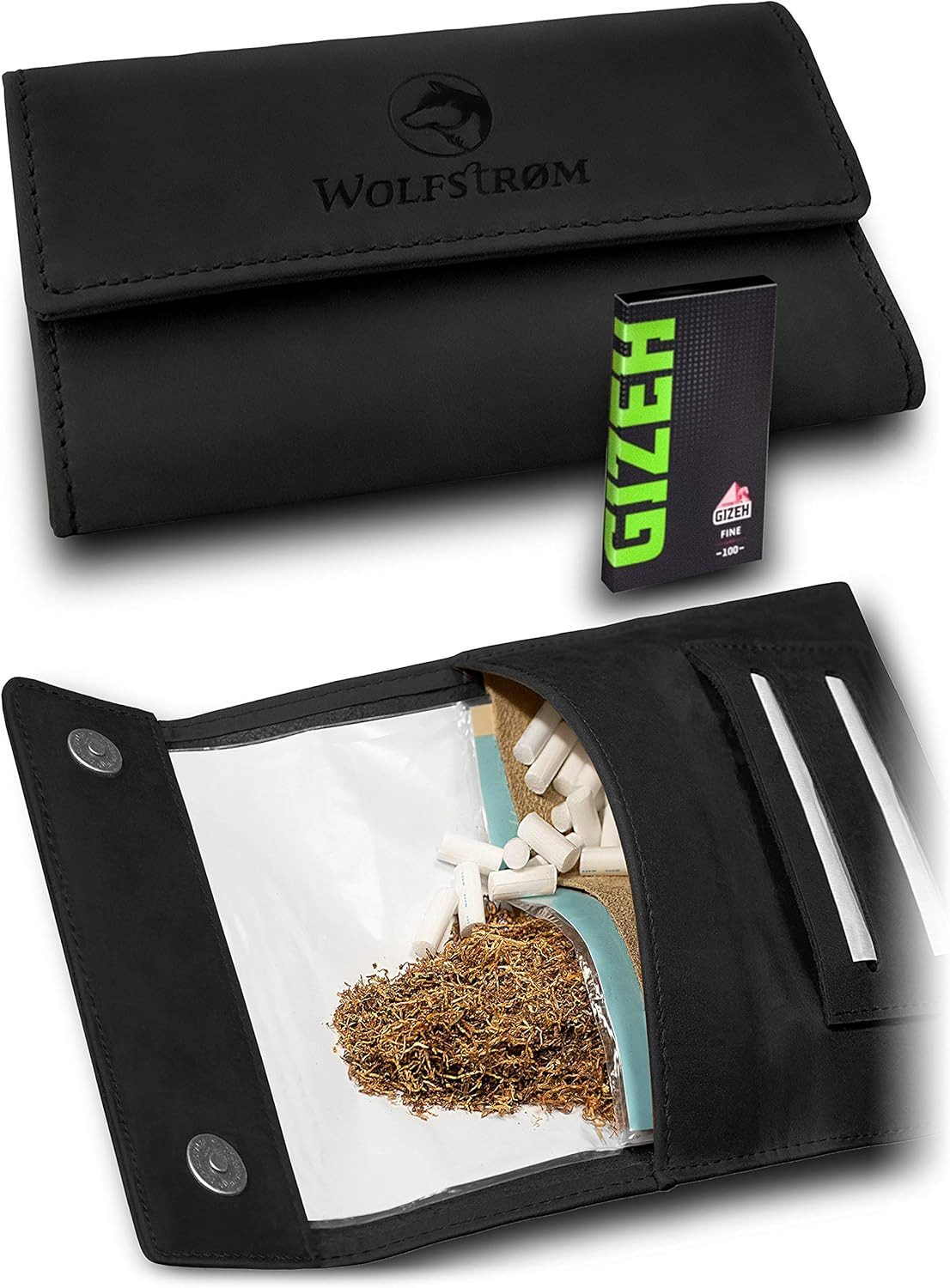 Wolfstrøm Tabakbeutel 'Tåruk' – Premium Tabak-Beutel aus Leder – mit Magnetverschluss (inkl. GIZEH Papers, Design in Germany, Handarbeit / Handmade, Unisex, Made in EUROPE), Vollnarbenleder