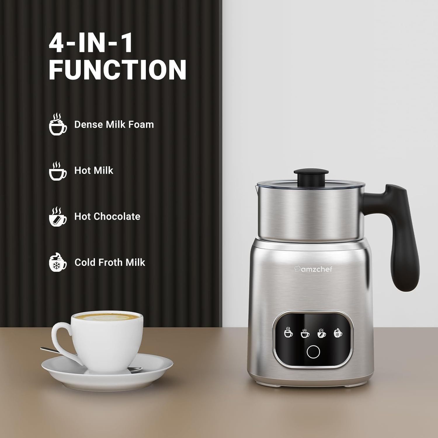 AMZCHEF Milchaufschäumer CE-MMF-10OT02-SV, 550,00 W, 4-IN-1 Milchaufschäumer Elektrisch 550W 400ML Cappuccino und Mokka