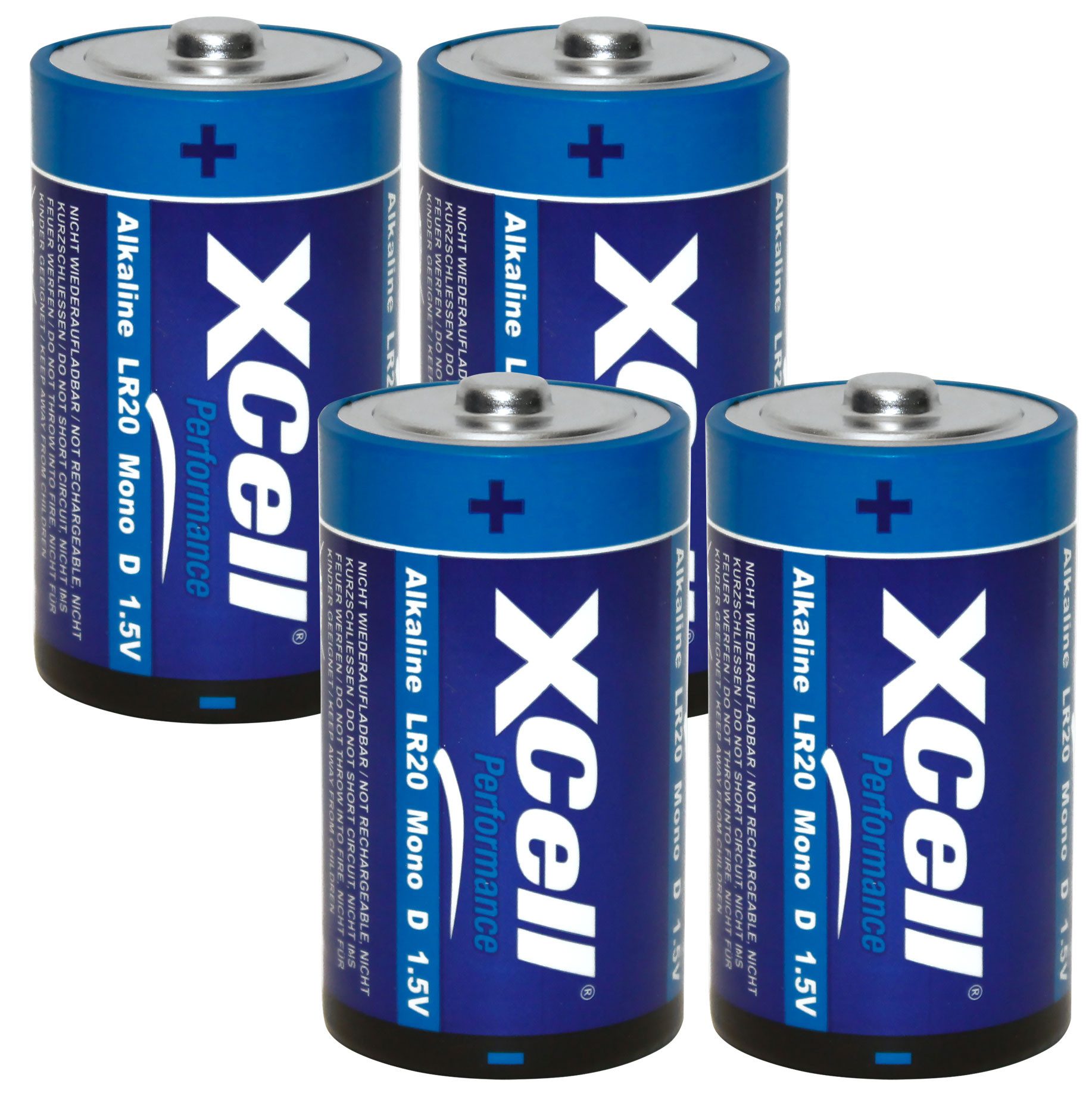 XCell Alkaline Batterien Typ D Mono LR20 (1,5 V), Performance 2er/4er-Set Batterie, (4 St), Auslaufsichere Monozellen für Taschenlampen, Radios & Spielzeug