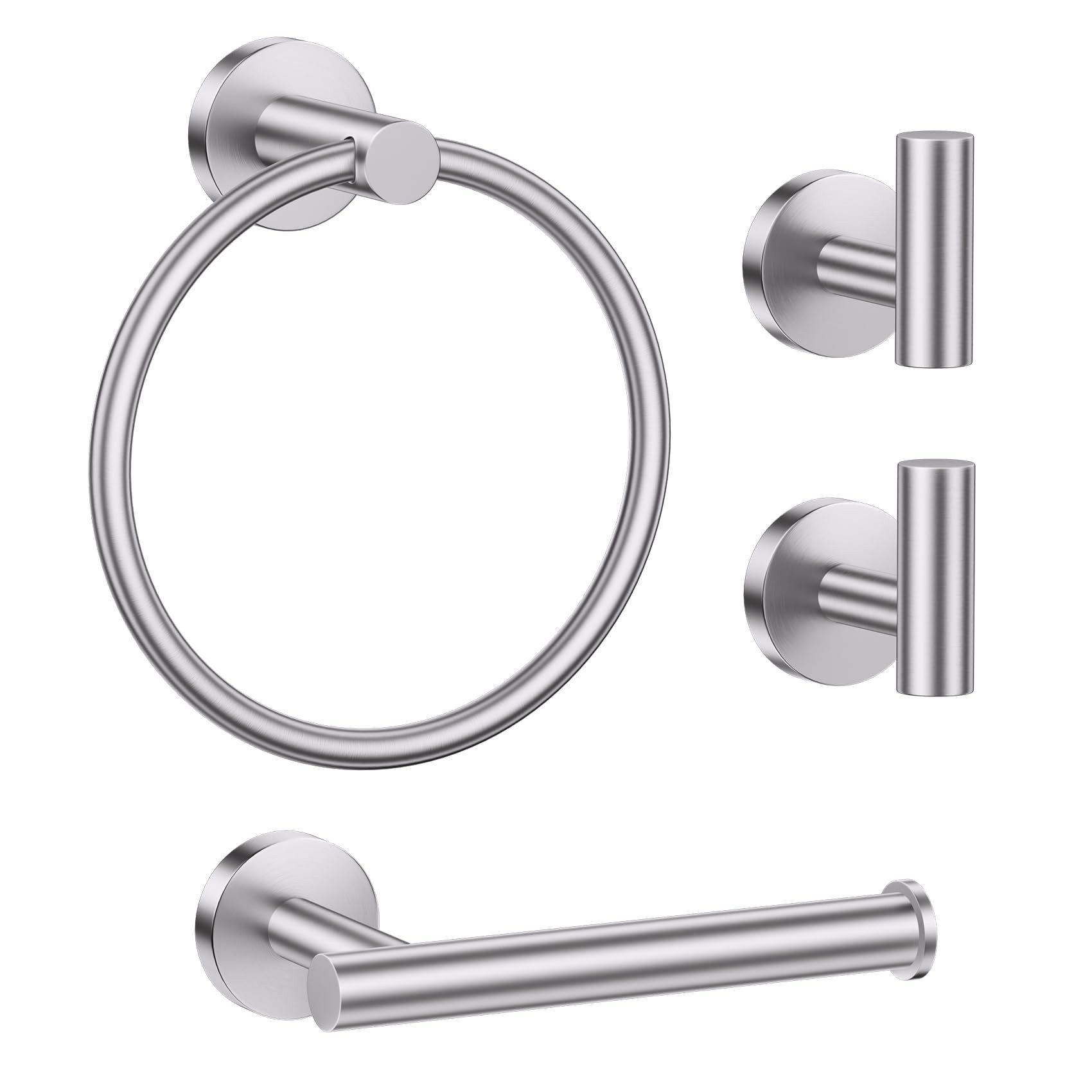 BlingBin Badaccessoire-Set 4 tlg Toilettenpapierhalter Wand Edelstahl Handtuchring mit 2 Haken, Rostfrei, 1er Set, 4 tlg., 4tlg, Gebürstetes Silber, Wandmontage mit Bohren, Rostfrei & Modernes Design