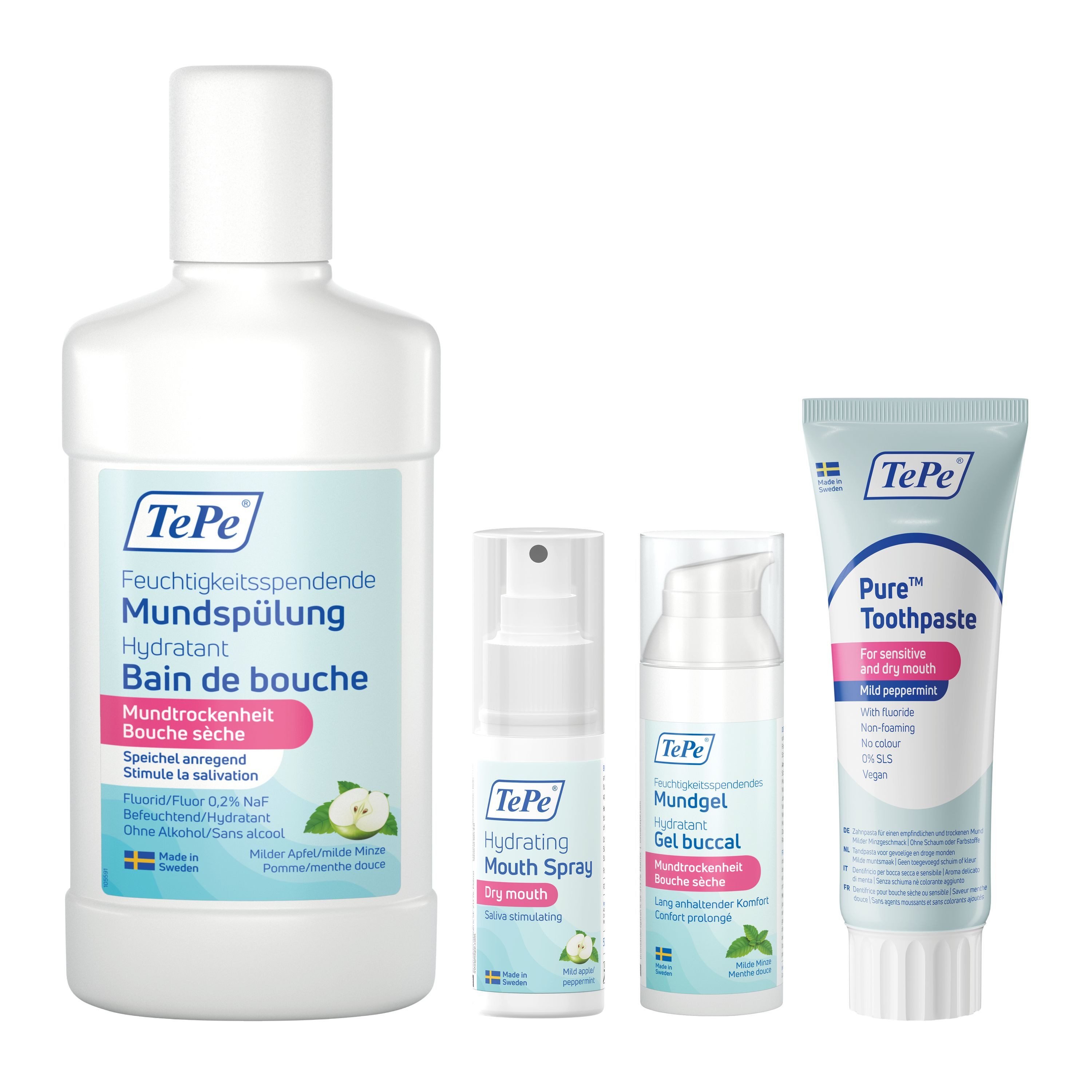 TePe Mundwasser 4-teiliges TePe Hydrate Starterkit, Pflegeset bei Mundtrockenheit, (4er Set, 4-tlg) gegen Mundtrockenheit