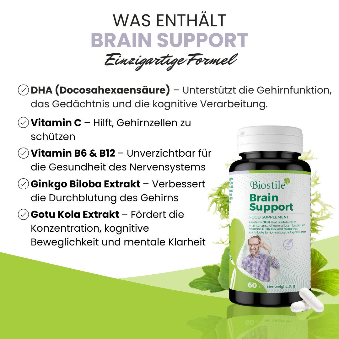 Biostile Ginkgo für Gedächtnis, Gehirn, Konzentration und Omega 3 Unterstützung Kapseln, 60 er 38 g, Mit Vitaminen, Q10 und Centella, 60 Kapseln