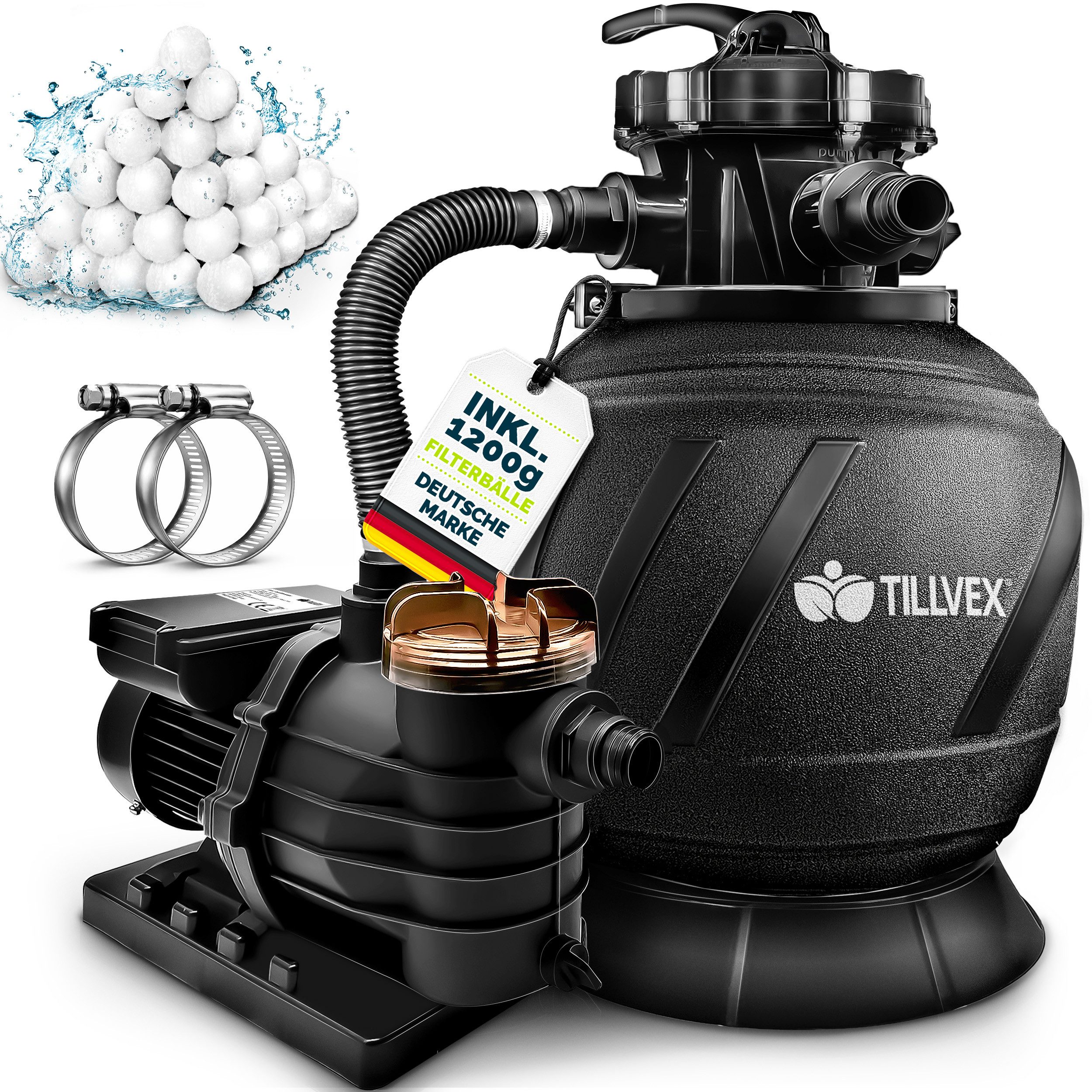tillvex Sandfilteranlage tillvex Sandfilteranlage 13.200L/h mit 1200g Filterbällen + Pumpe (Poolfilter Selbstansaugend Sandfilter Schwimmbecken, Filteranlage 7-Wege Ventil & 2in1 Adapter Ø32-38mm), Pool 13.200L/h bis 40.000L + 1200g Filterbälle