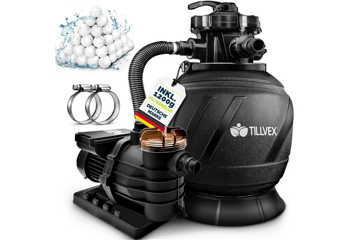 tillvex Sandfilteranlage tillvex Sandfilteranlage 13.200L/h mit 1200g Filterbällen + Pumpe (Poolfilter Selbstansaugend Sandfilter Schwimmbecken, Filteranlage 7-Wege Ventil & 2in1 Adapter Ø32-38mm), Pool 13.200L/h bis 40.000L + 1200g Filterbälle
