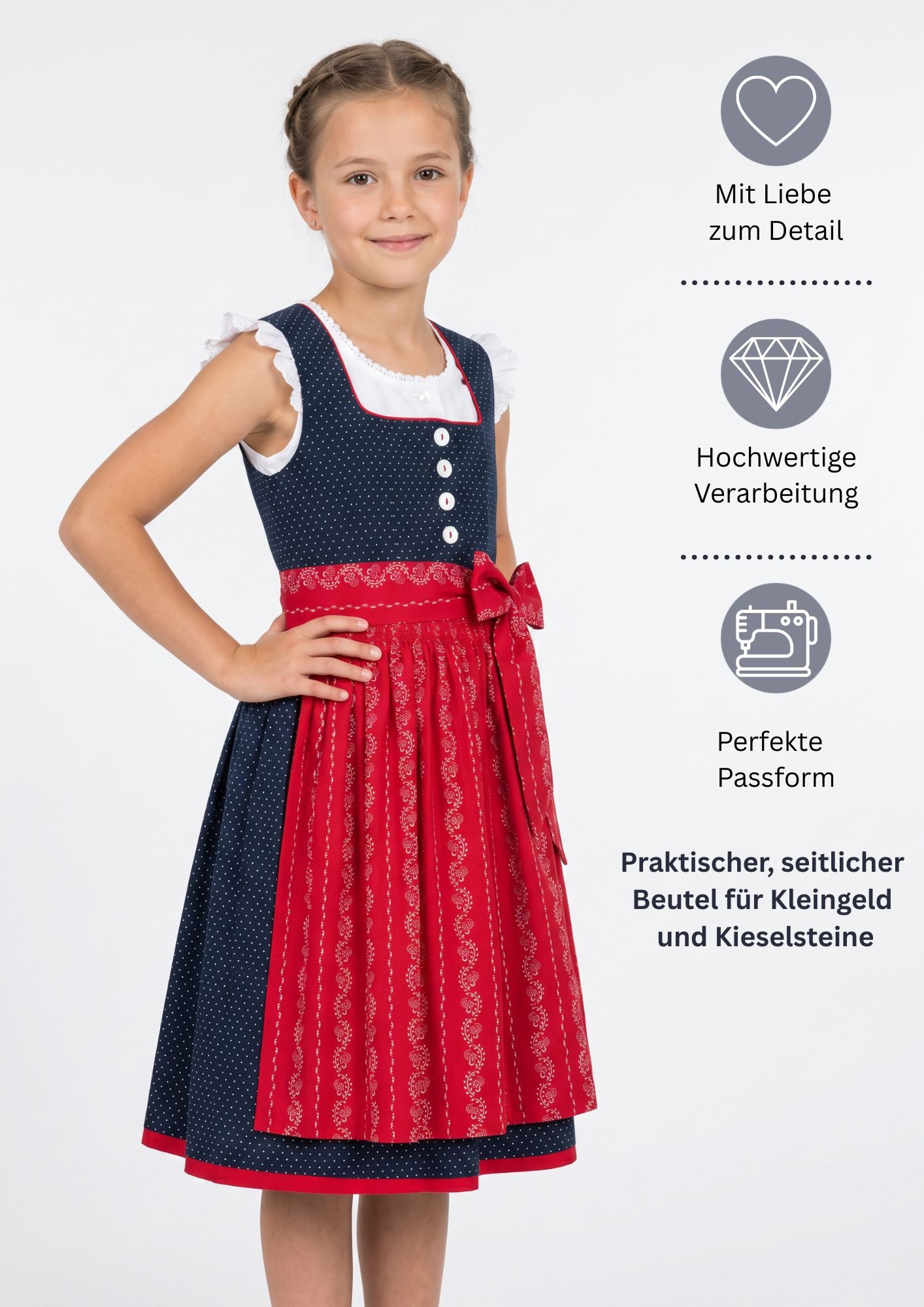 Nübler Dirndl Kinderdirndl Worthersee in Marine-Kirschrot von Nübler