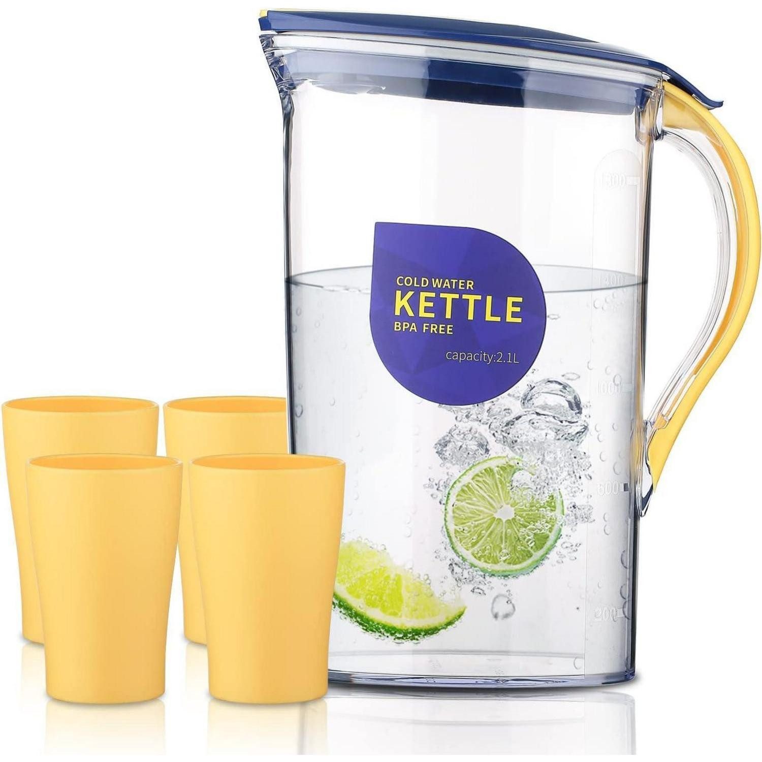 LuxusKollektion Wasserkrug Karaffe 2,1L Deckel BPAfrei Transparent 4. Gelb + 4 Tassen