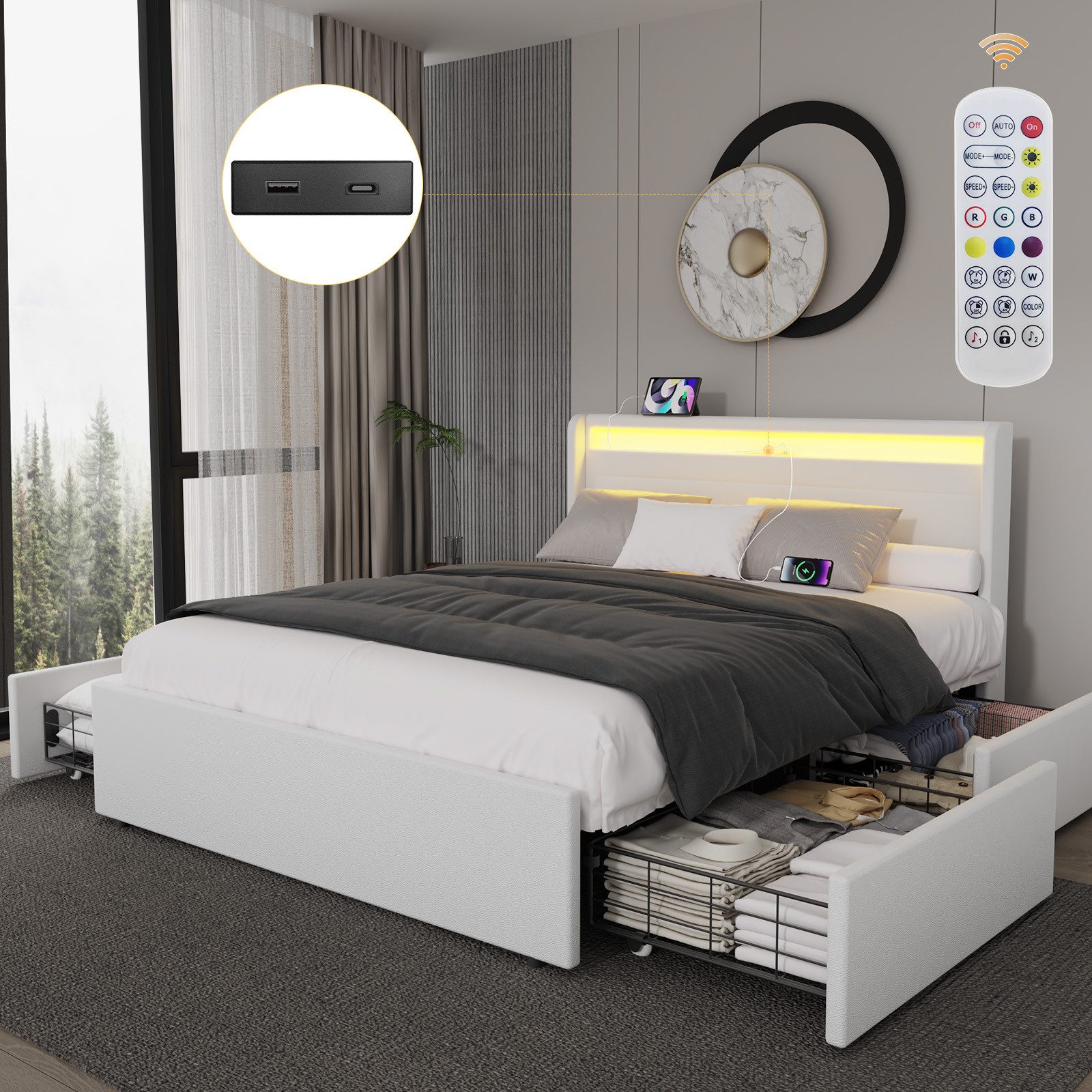oyajia Polsterbett LED-Beleuchtung Doppelbett mit Ladefunktion und 4 Schubladen (Jugendbett Bettgestll), mit Type-C + USB, Ohne Matratze