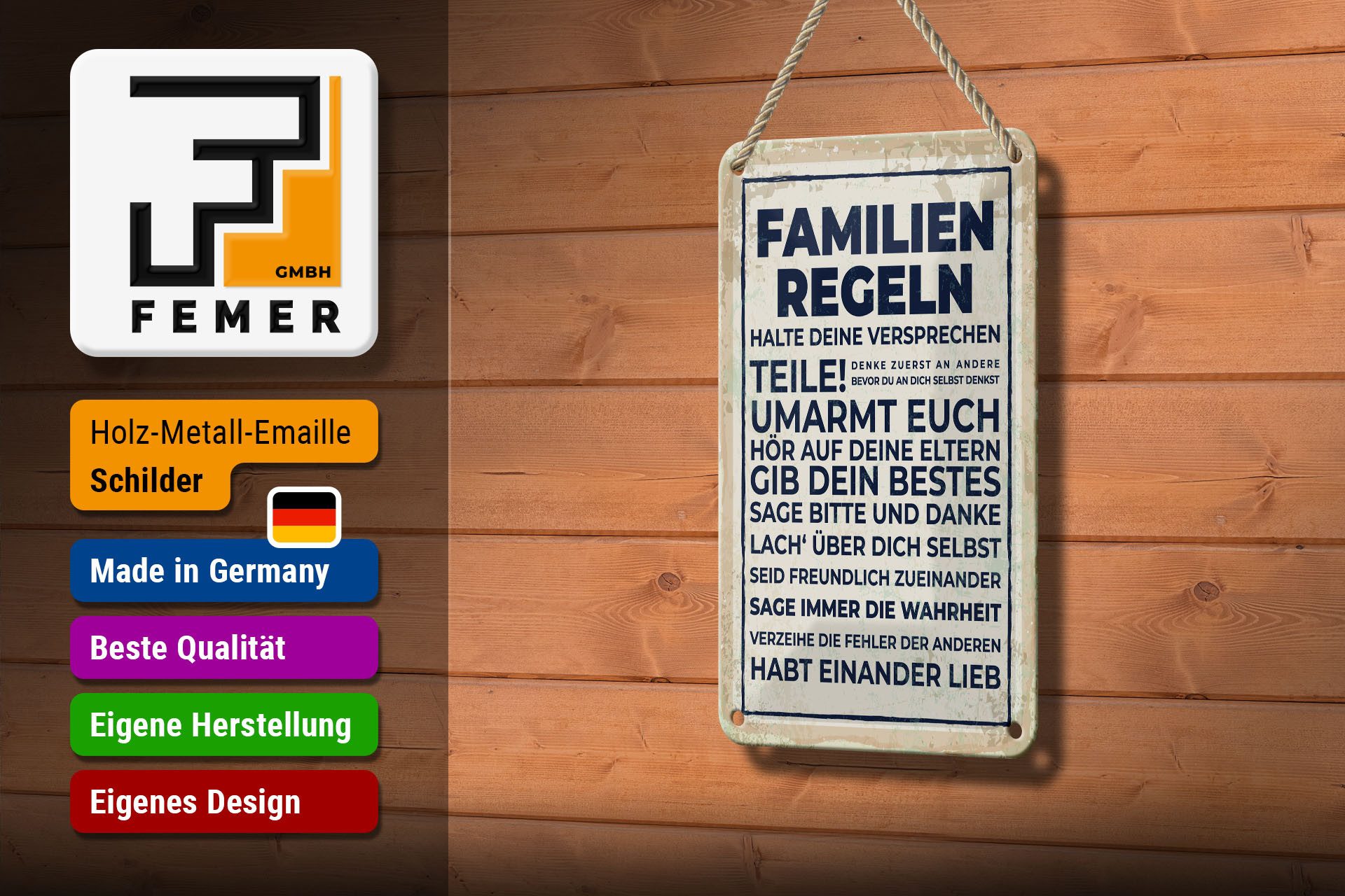 Femer GmbH Metallschild Spruch 20x30 cm Familien Regeln, (1 St), gewölbte Oberfläche, abgerundete Ecken, umgeschlagene Kanten