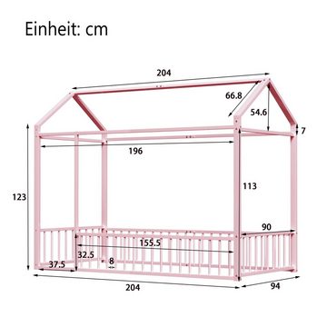 Celya Metallbett Kinderbett Hausbettrahmen mit Zaun für Kinder, Teenager, Mädchen, Jungen, 90 x 200cm, Rosa