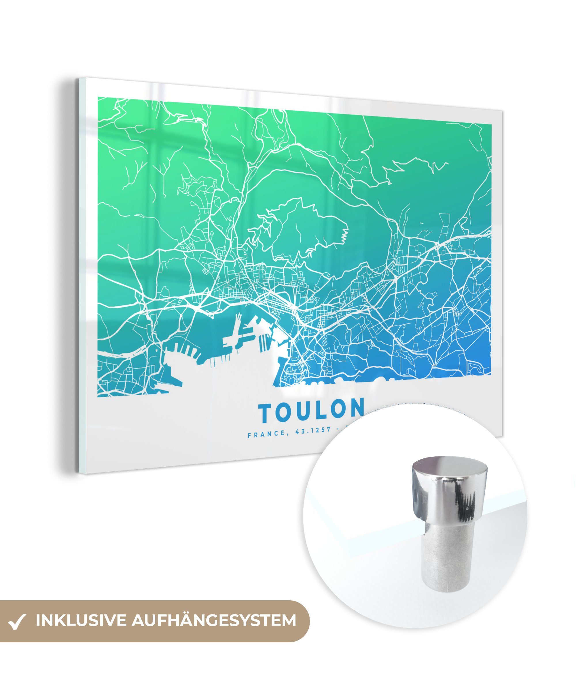 MuchoWow Acrylglasbild Frankreich - Toulon - Stadtplan, (1 St), Acrylglasbilder Wohnzimmer & Schlafzimmer