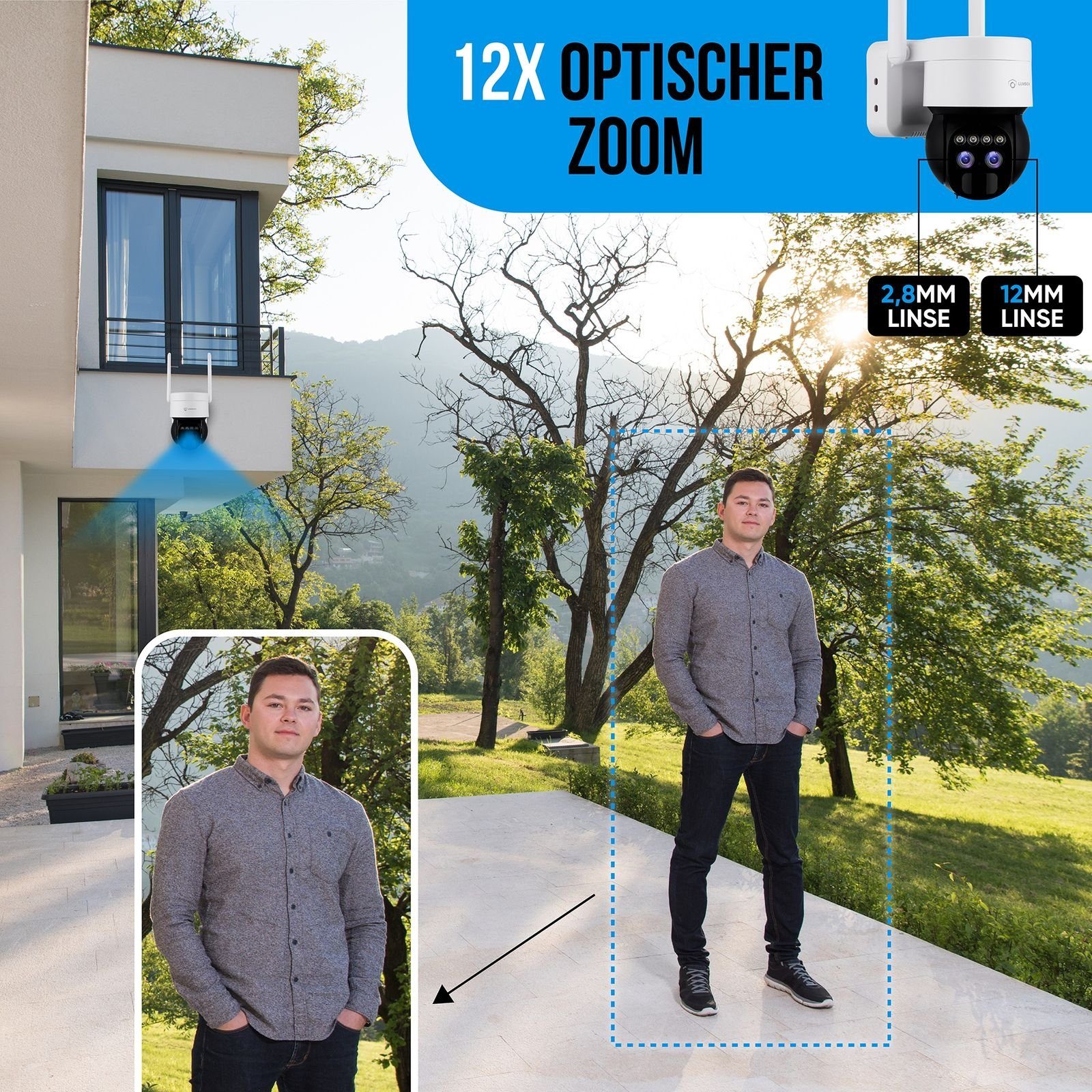 LUVISION Überwachungskamera LV-G-2043 (Außenbereich, 1-tlg., 4G / LTE PTZ Solar Akku Überwachungskamera Kamera für SIM Karte, 12 x optischer Zoom, Sirene, Duo Objektiv, Gegensprechfunktion)