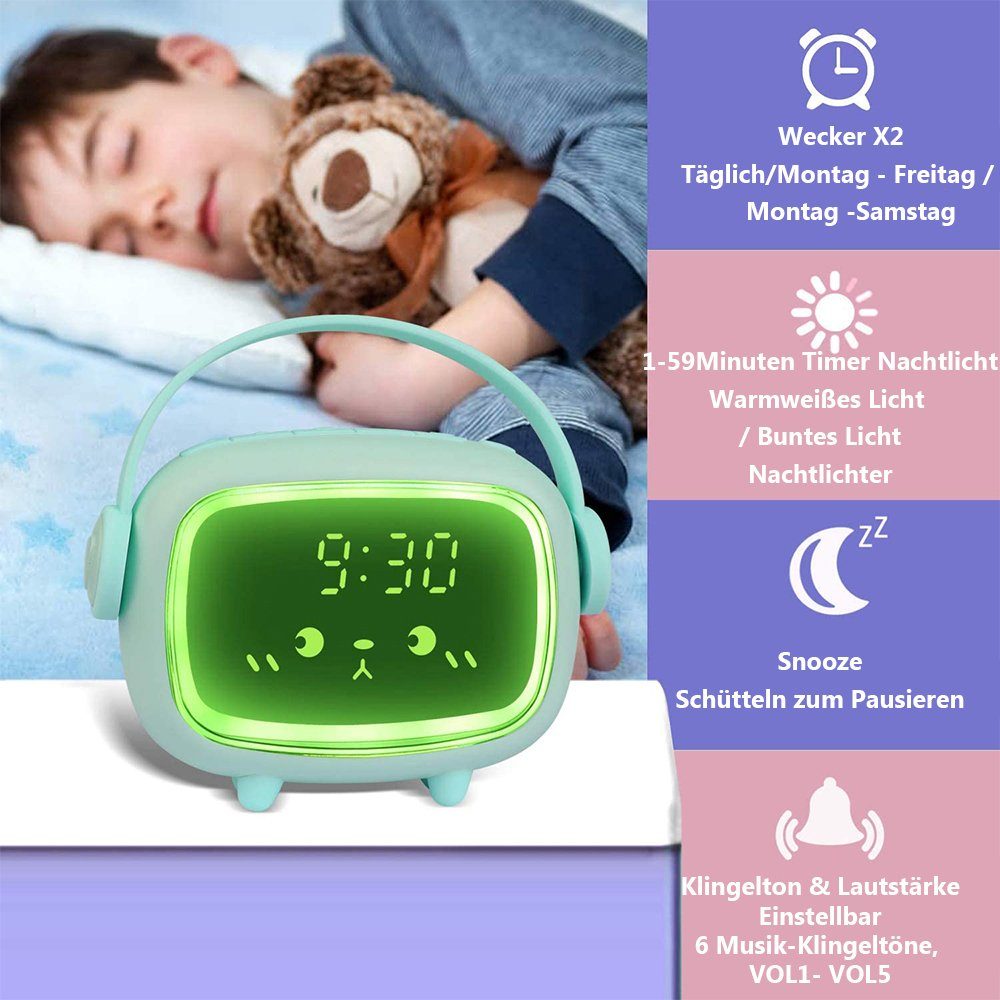 Kinderwecker mit Nachtlicht tragbares USB-Nachtlicht Schlaftrainer für Kinder LED-Wecker für Jungen Pink Steckbarer Kinderwecker mit Fernbedienung Geschenkideen Wecker 