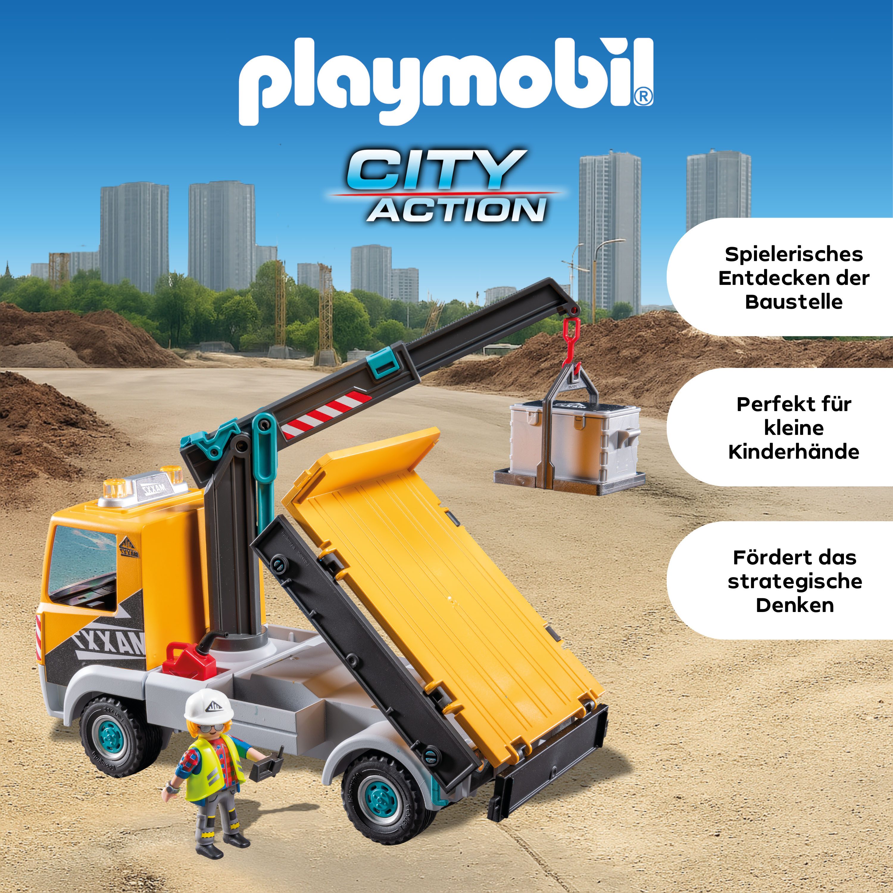 Playmobil® Baustellen-LKW mit Kran (71750), Playmobil Action Heroes Konstruktions-Spielset, (55 St)