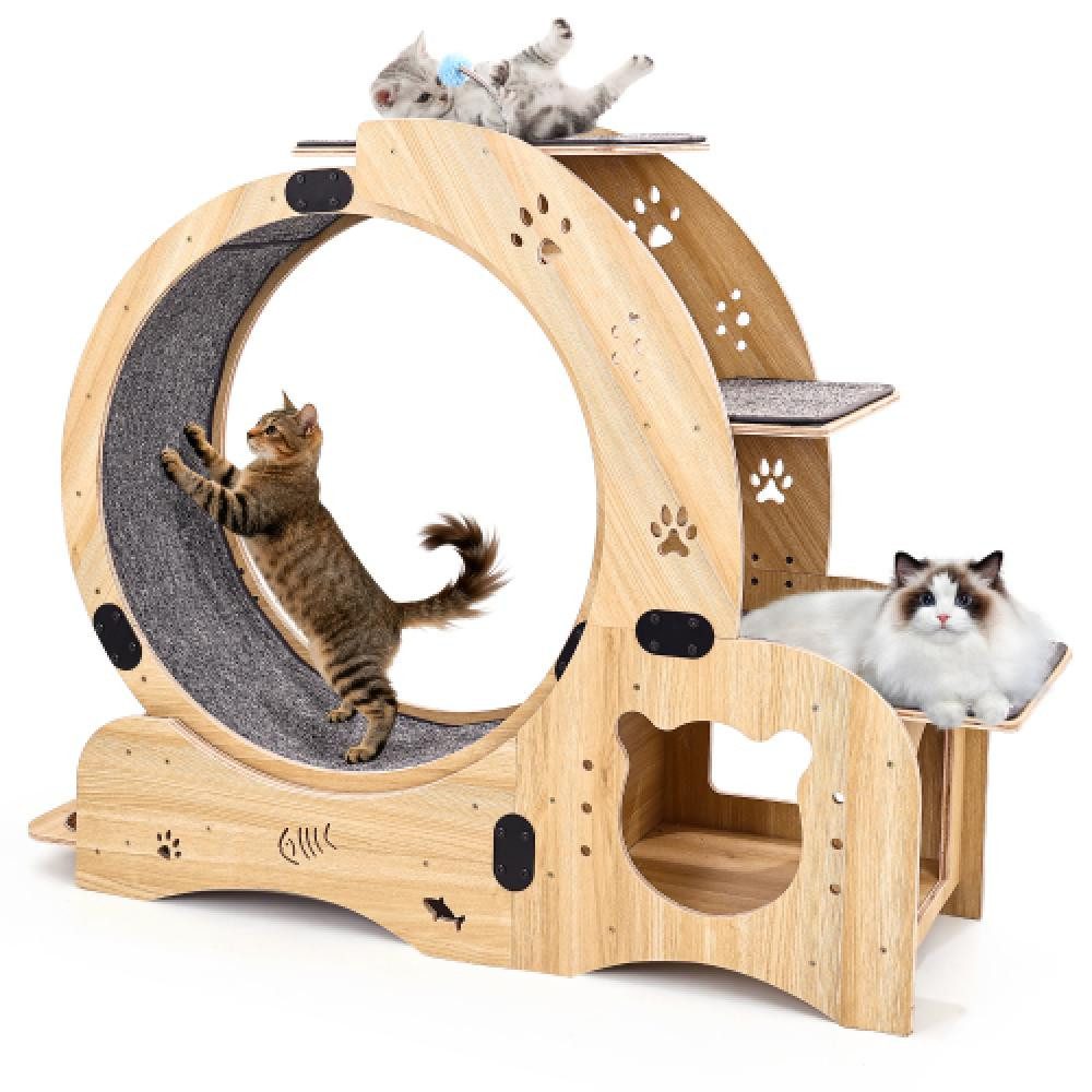 Aiorber Tierlaufrad Aiorber-Katzenlaufrad Holz mit Katzenhöhle und Futternäpfen