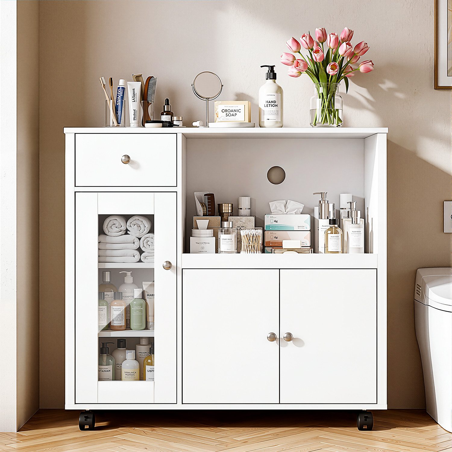 oyajia Sideboard Aufbewahrungsschrank Küchekommode Küchentrolley mit Rollen (Mikrowellenschrank Küchenschrank Rollwagen,mit Schubladen), Viel Stauraum,verstellb – Bild 2 von 5