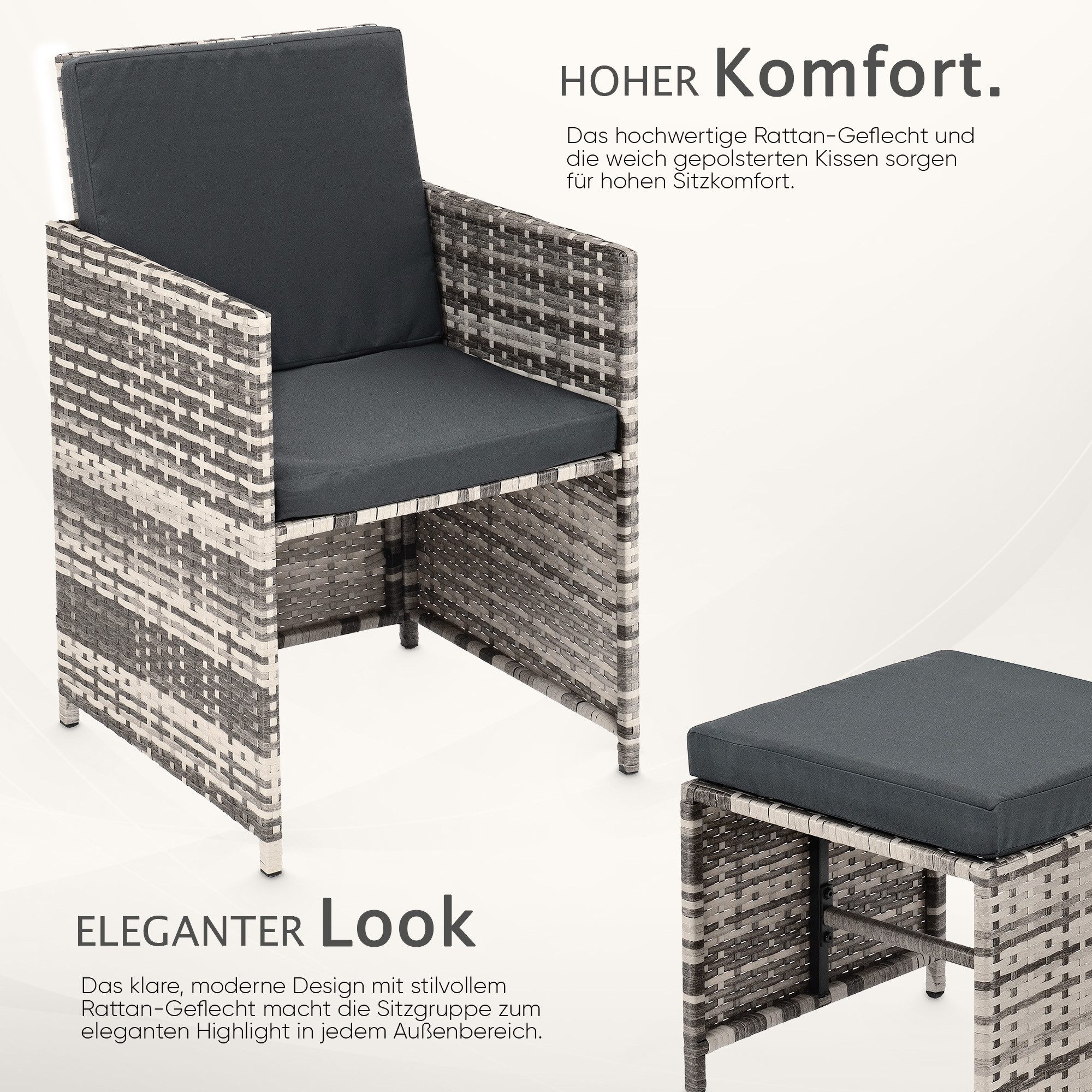 Swing&Harmonie Garten-Essgruppe Poly Rattan Sitzgruppe Esstisch Lounge Gartenmöbel, (Sitzgarnitur, Tisch, Stühle, Hocker Garnitur Set)