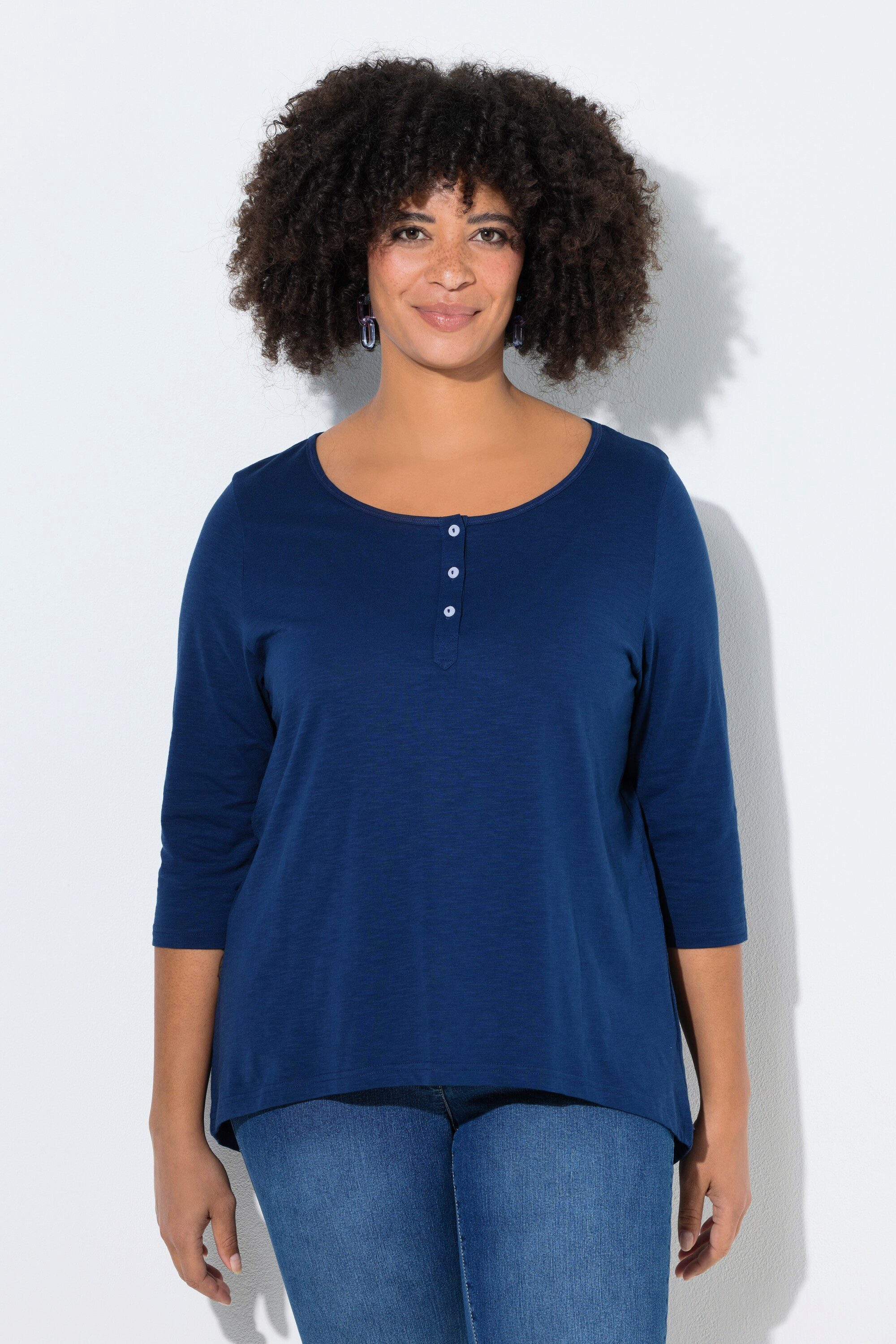 T-Shirt T-Shirt A-Linie Henley Knopfleiste 3/4-Ärmel