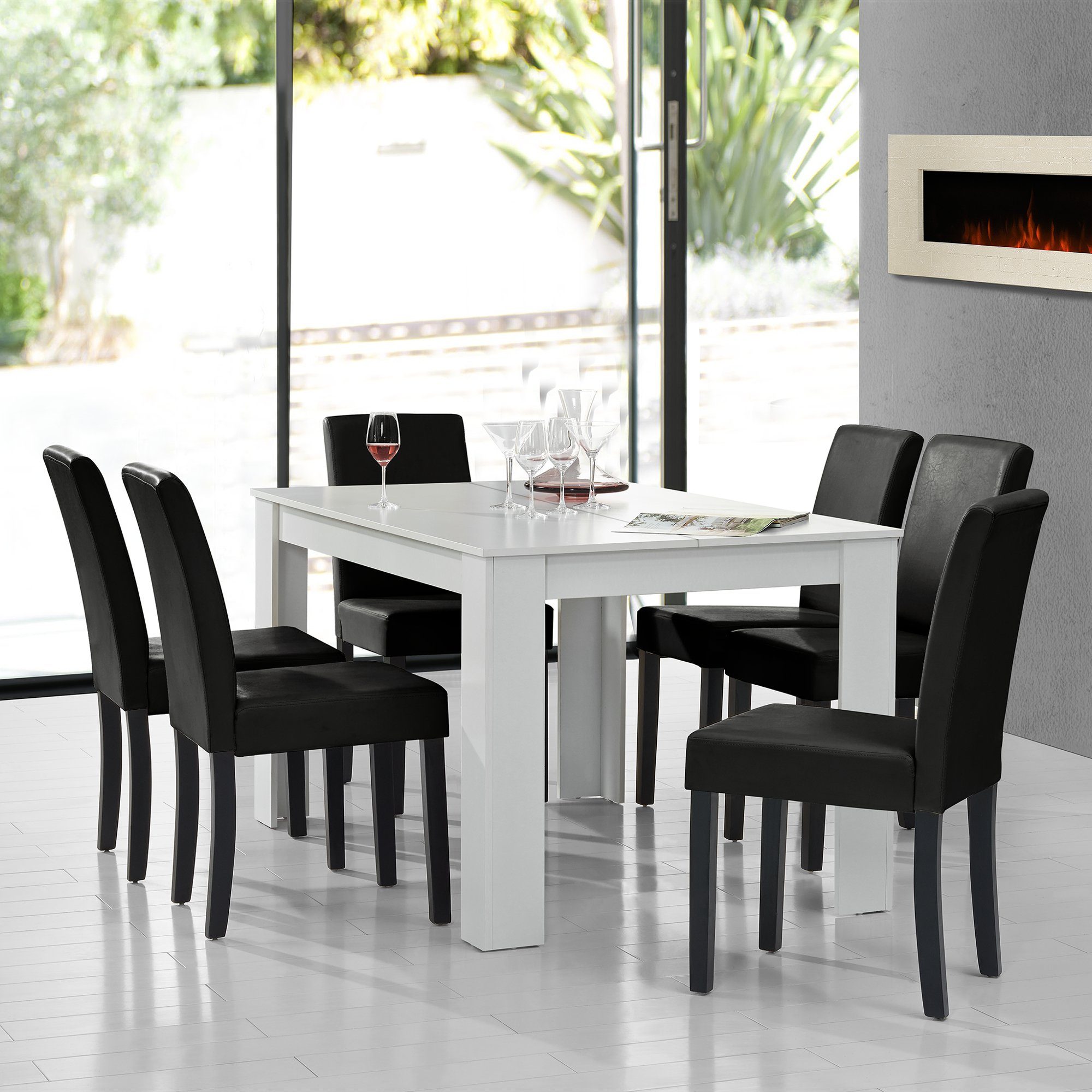 en.casa Essgruppe, (7-tlg., Esstisch mit 6 Stühlen), »Forssa« 140x90cm Küchentisch mit 6x Polsterstühlen weiß - schwarz