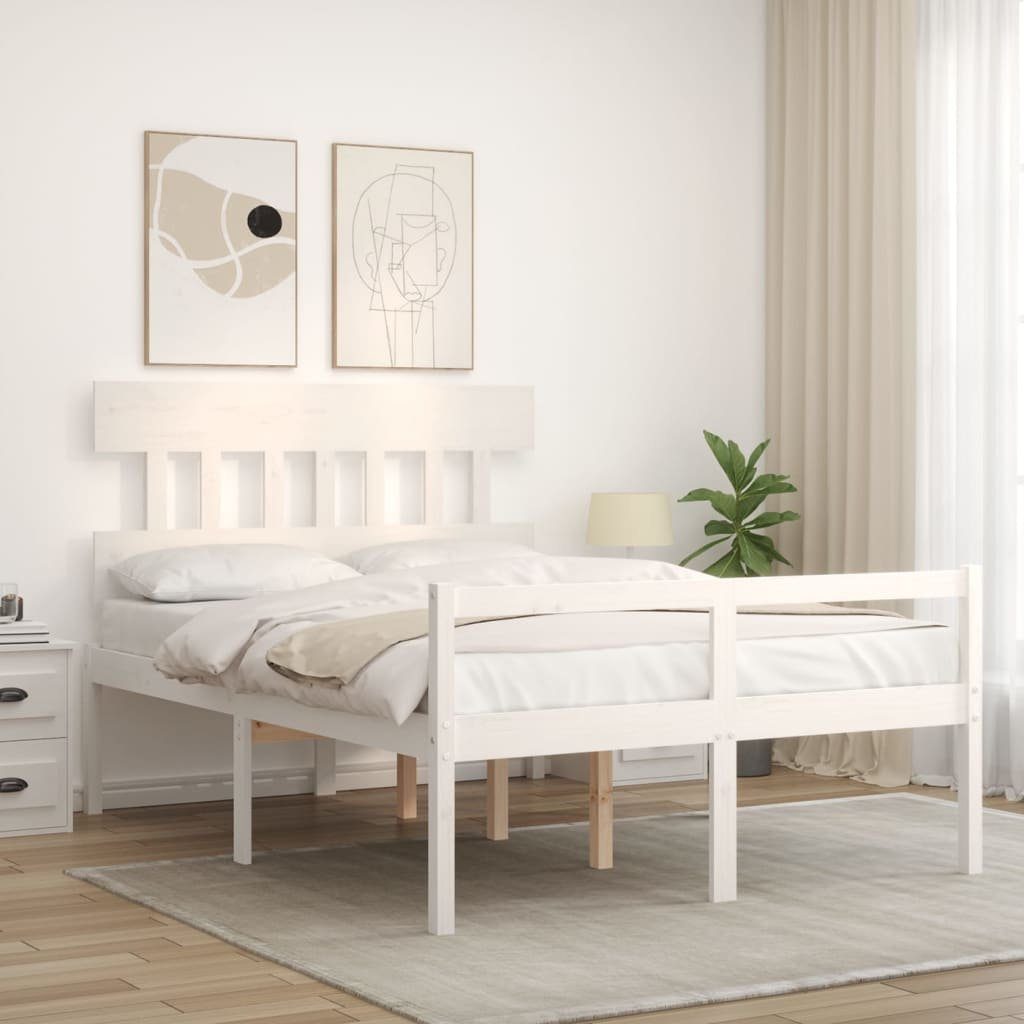 vidaXL Bett Seniorenbett mit Kopfteil Weiß Massivholz