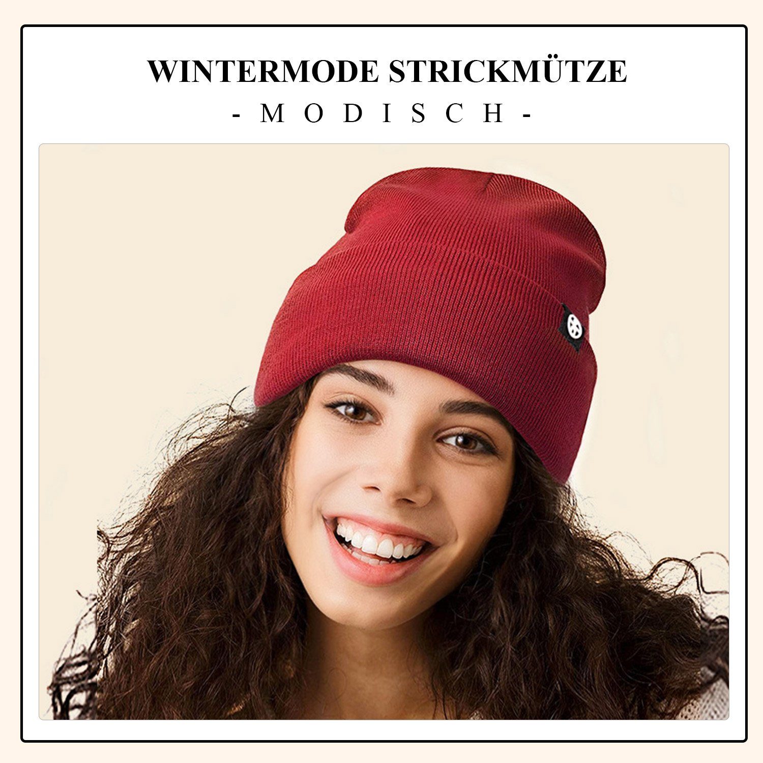 MAGICSHE Strickmütze Unisex Winterwärme Rubinrot Seidenfutter