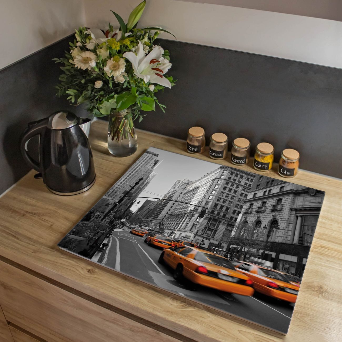 banjado Herd-Abdeckplatte einteilig aus Glas mit Motiv New York Taxi, (gehärtet, 1 tlg., inkl. selbstklebende Gummifüßchen)
