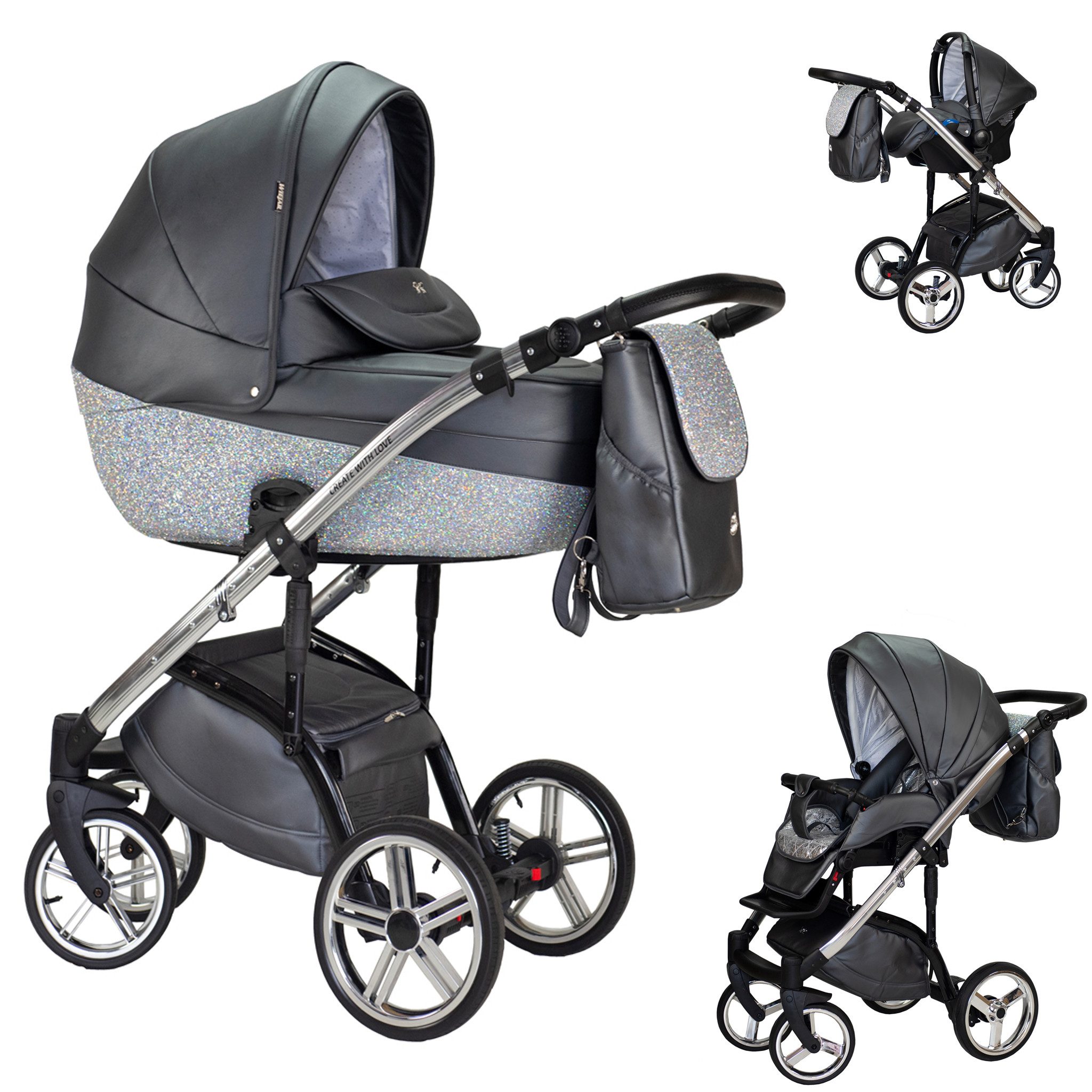 Kombi-Kinderwagen Vip Lux 4 in 1 inkl. Sportsitz, Autositz und Zubehör in 18 Farben