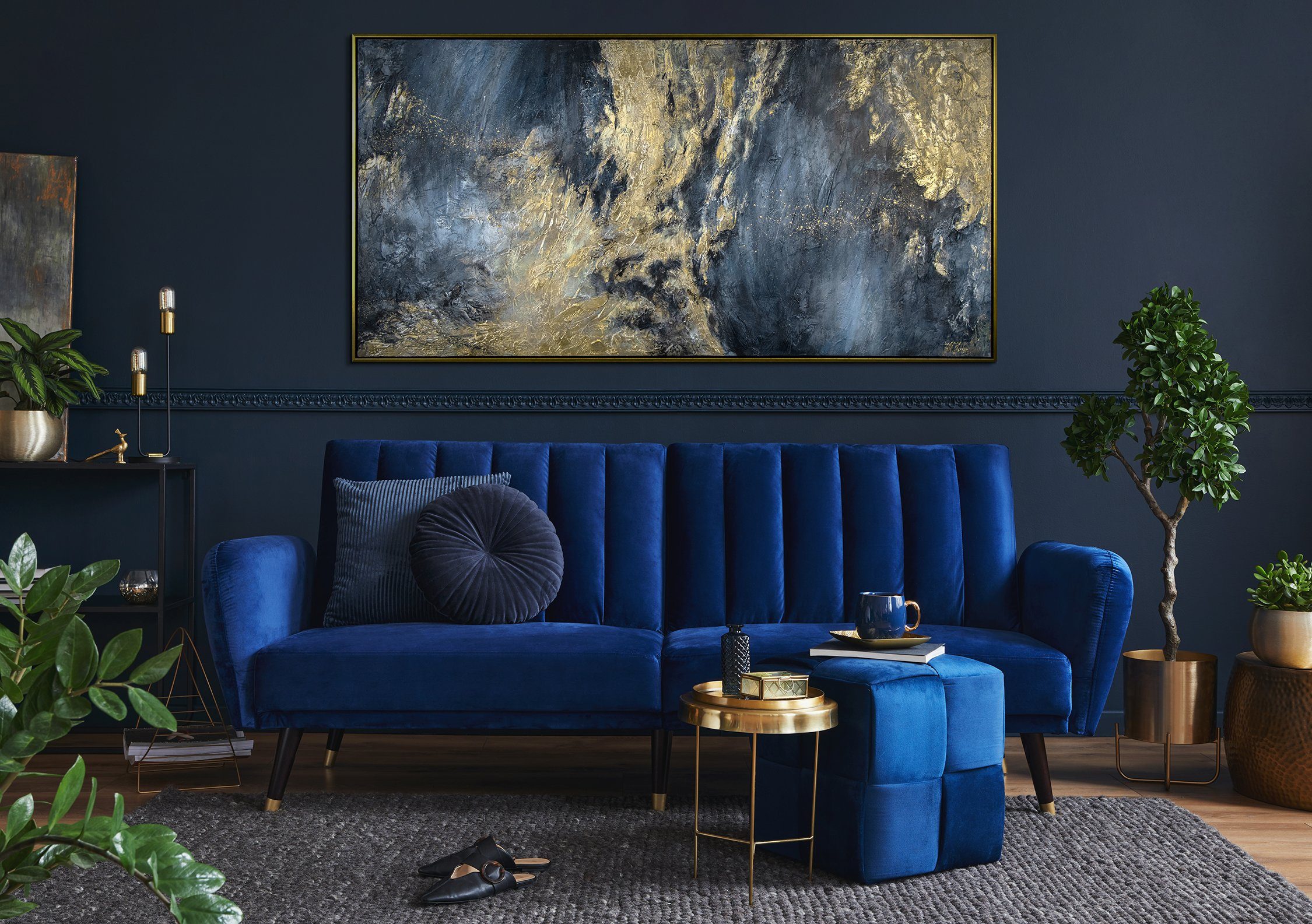 YS-Art Gemälde mit II, in Abstrakt Rahmen Blau Spiegelungen und Gold Leinwandbild