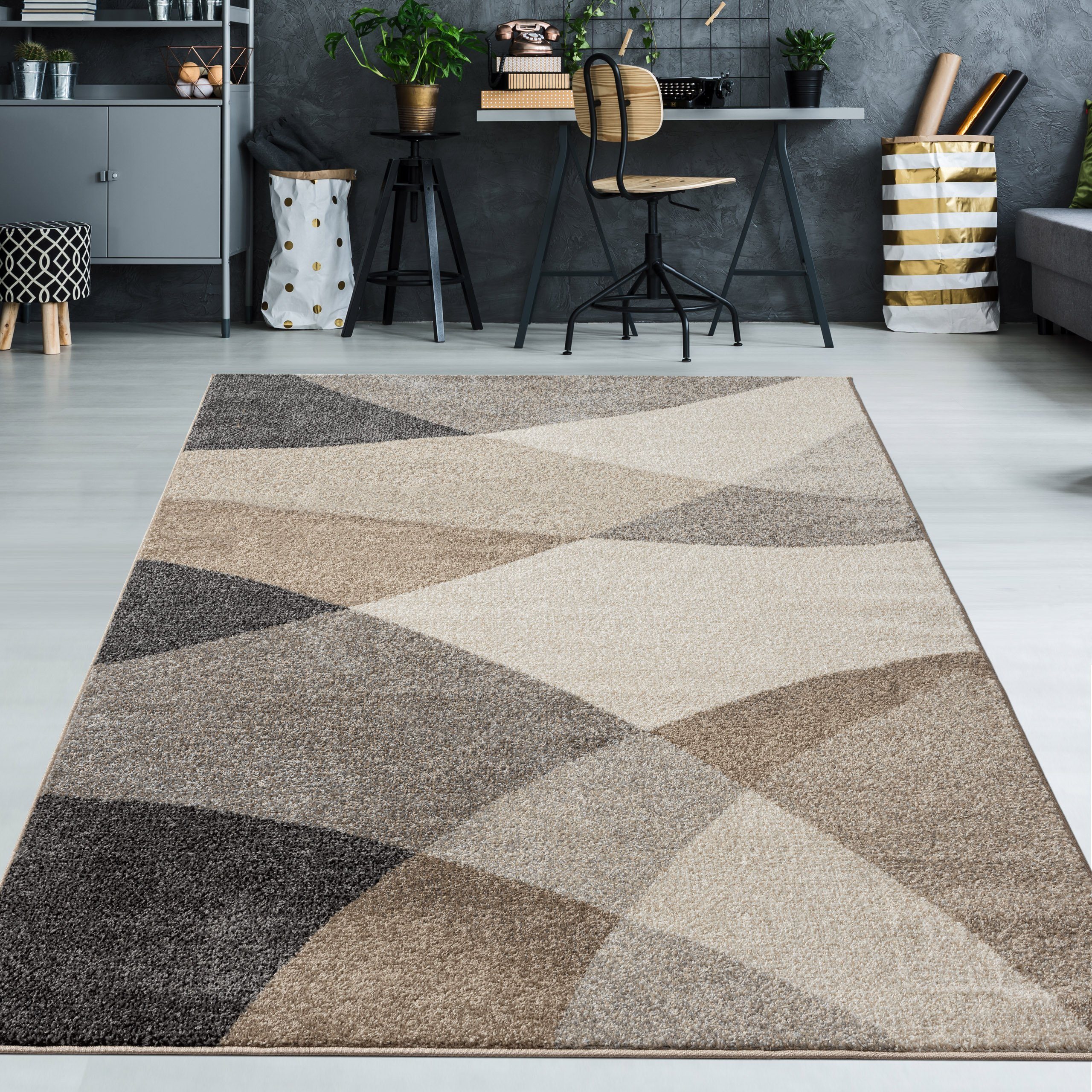 Teppich Moderner Teppich mit geometrischen Muster grau beige,  TeppichHome24, rechteckig