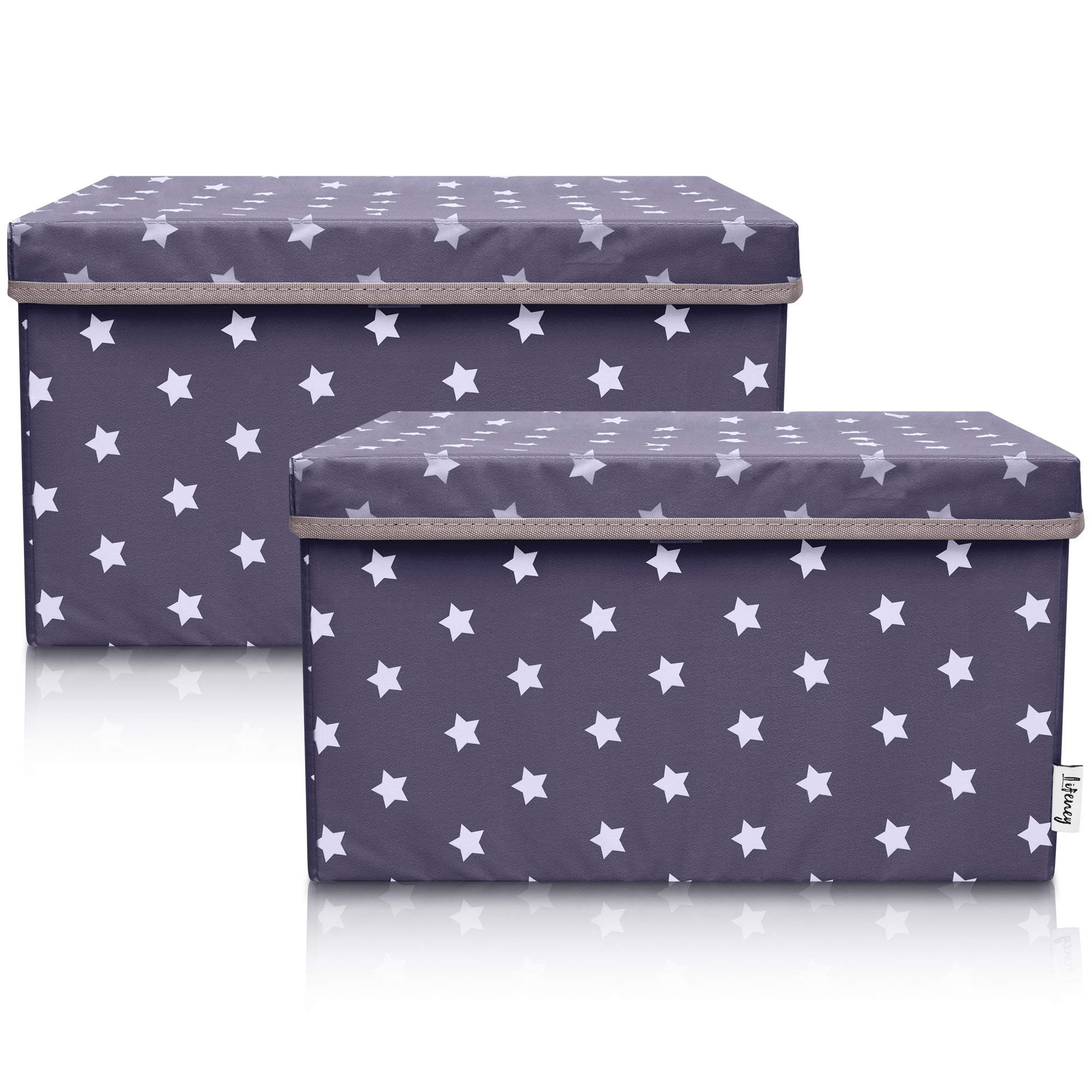 Lifeney Aufbewahrungsbox Aufbewahrungsbox Kinder 2er-Set 37x25x21cm für Kinderzimmer, Anthrazit mit Sternendesign, vielseitig einsetzbar im Wohnbereich