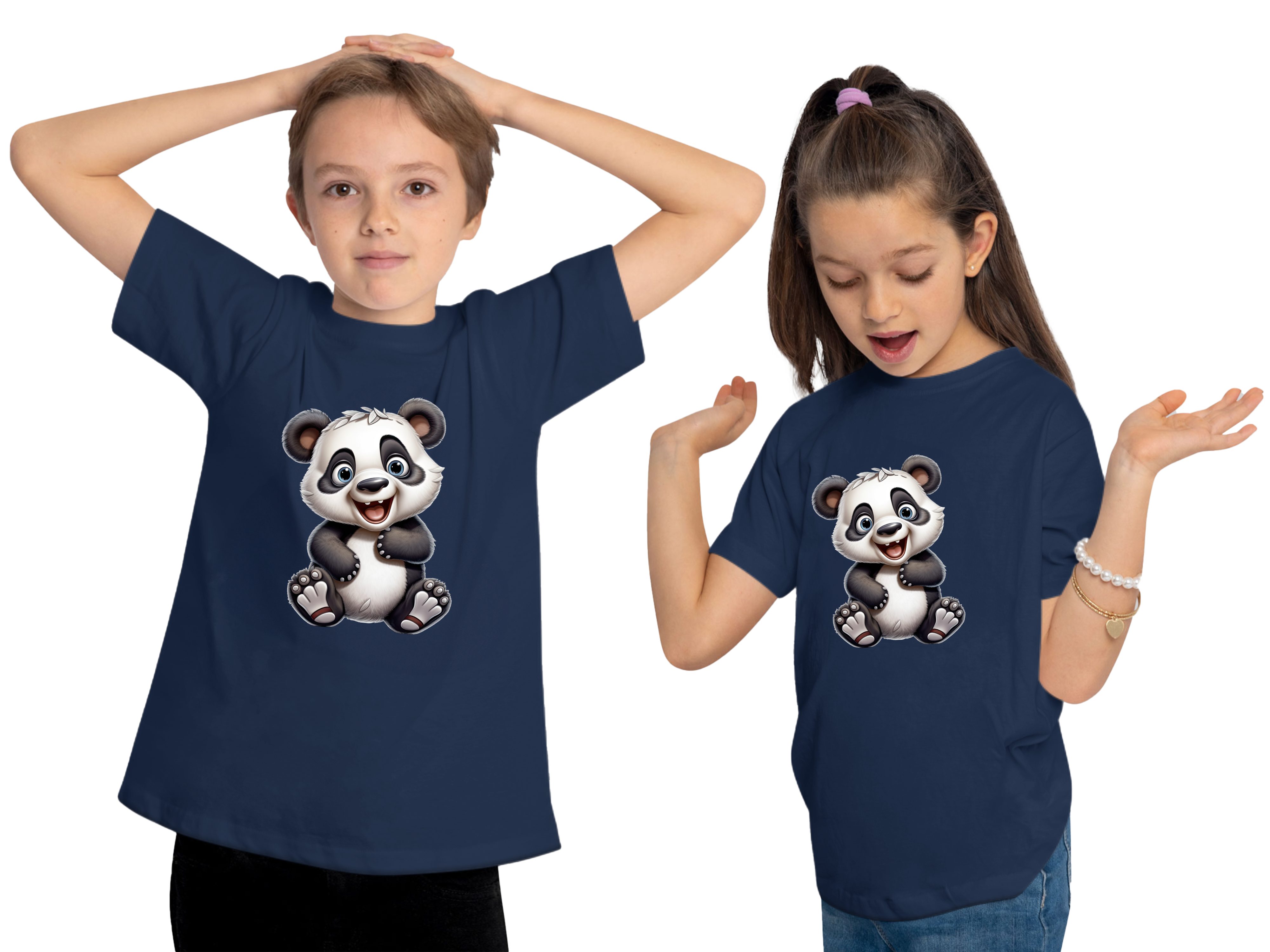 MyDesign24 T-Shirt Kinder Shirt Panda - Aufdruck, blau mit bedruckt navy Baby Bär Wildtier i277 Baumwollshirt Print