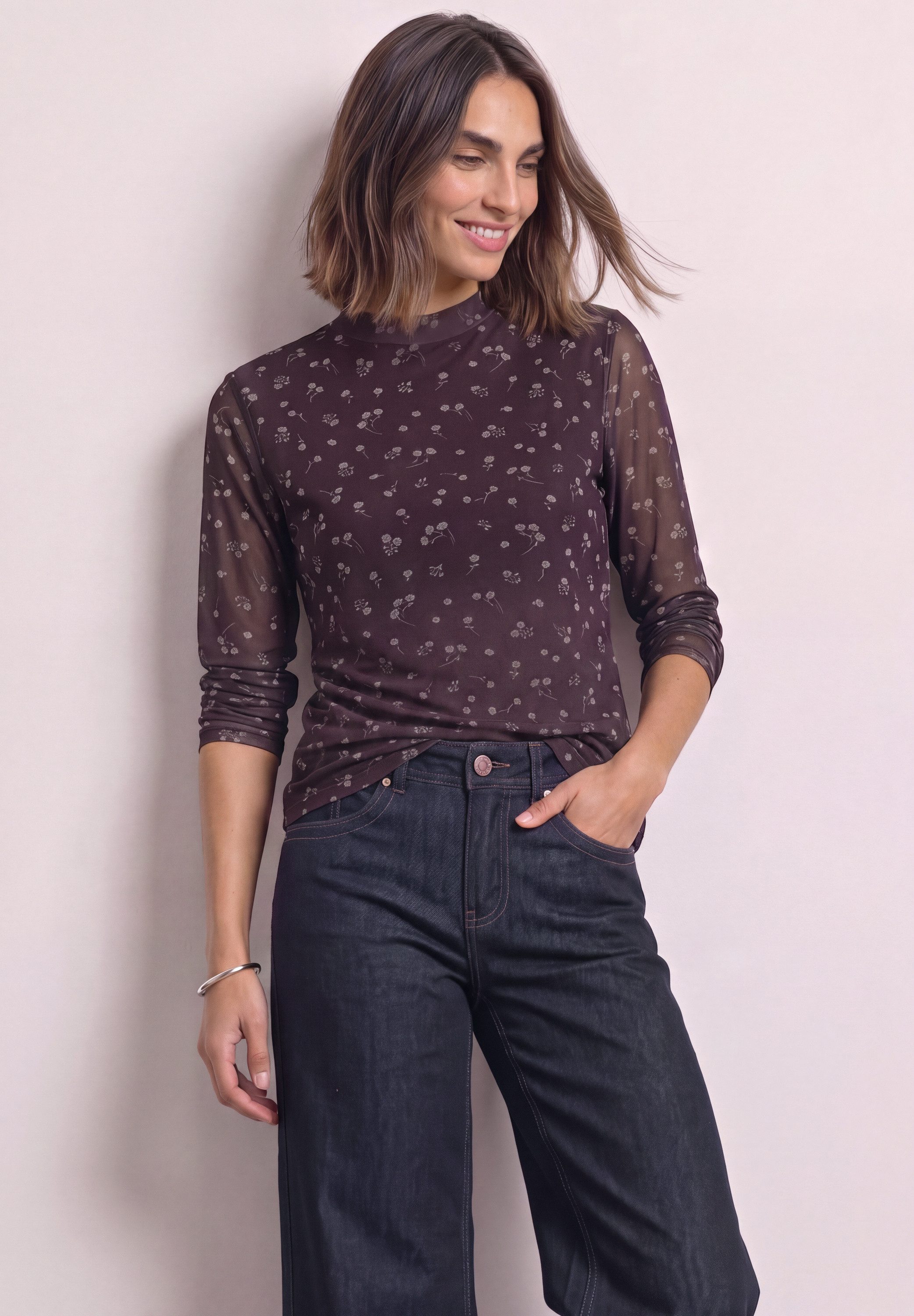 STREET ONE Langarmshirt Mesh-Shirt mit Rundhals und Prints