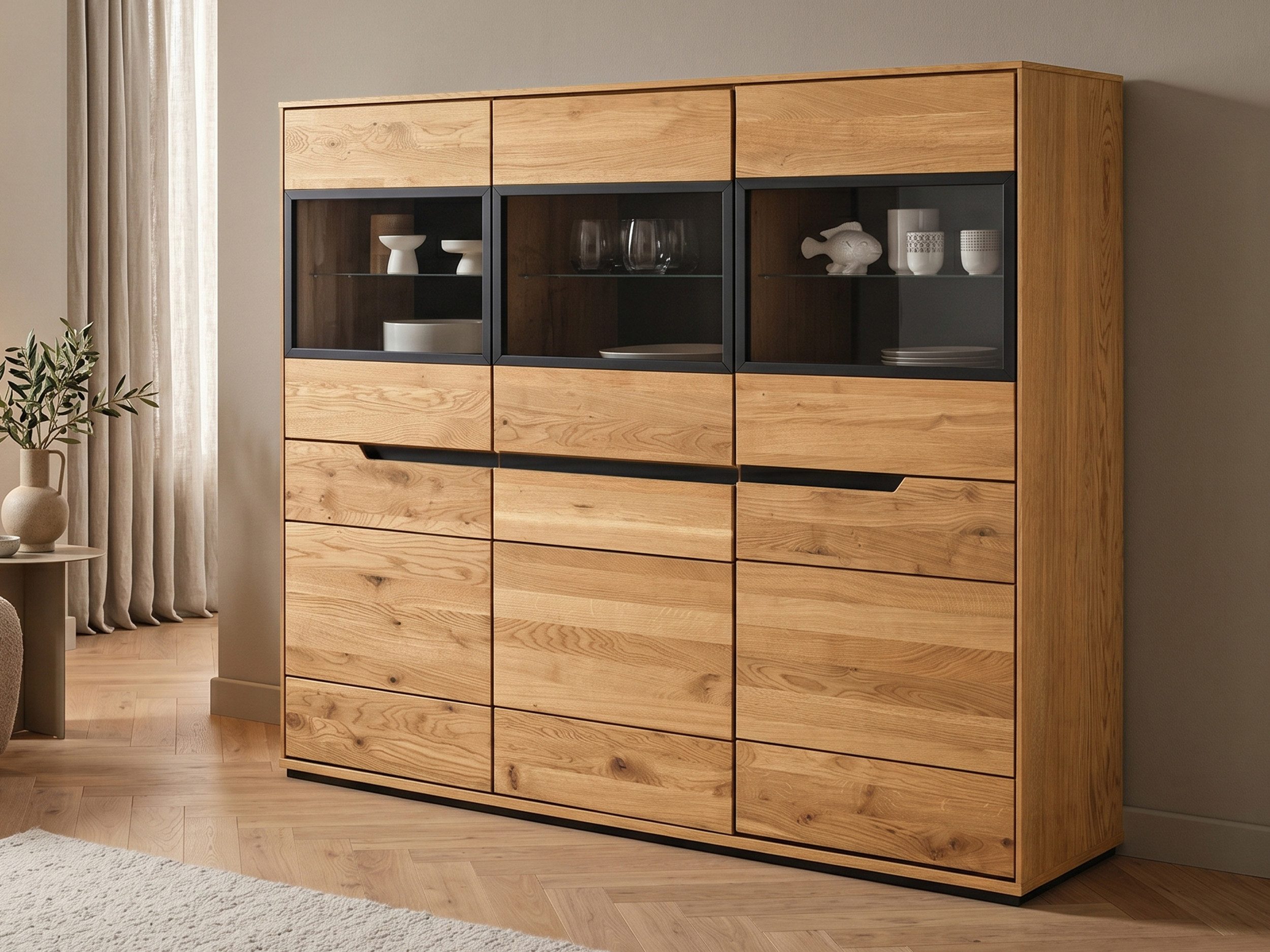 Massivart® Highboard 153 cm Breite Massivholz Wildeiche geölt »ARAYA«, 3 Glastüren · 3 Drehtüren · 6 Einlegeböden · schwarze Griffmulden
