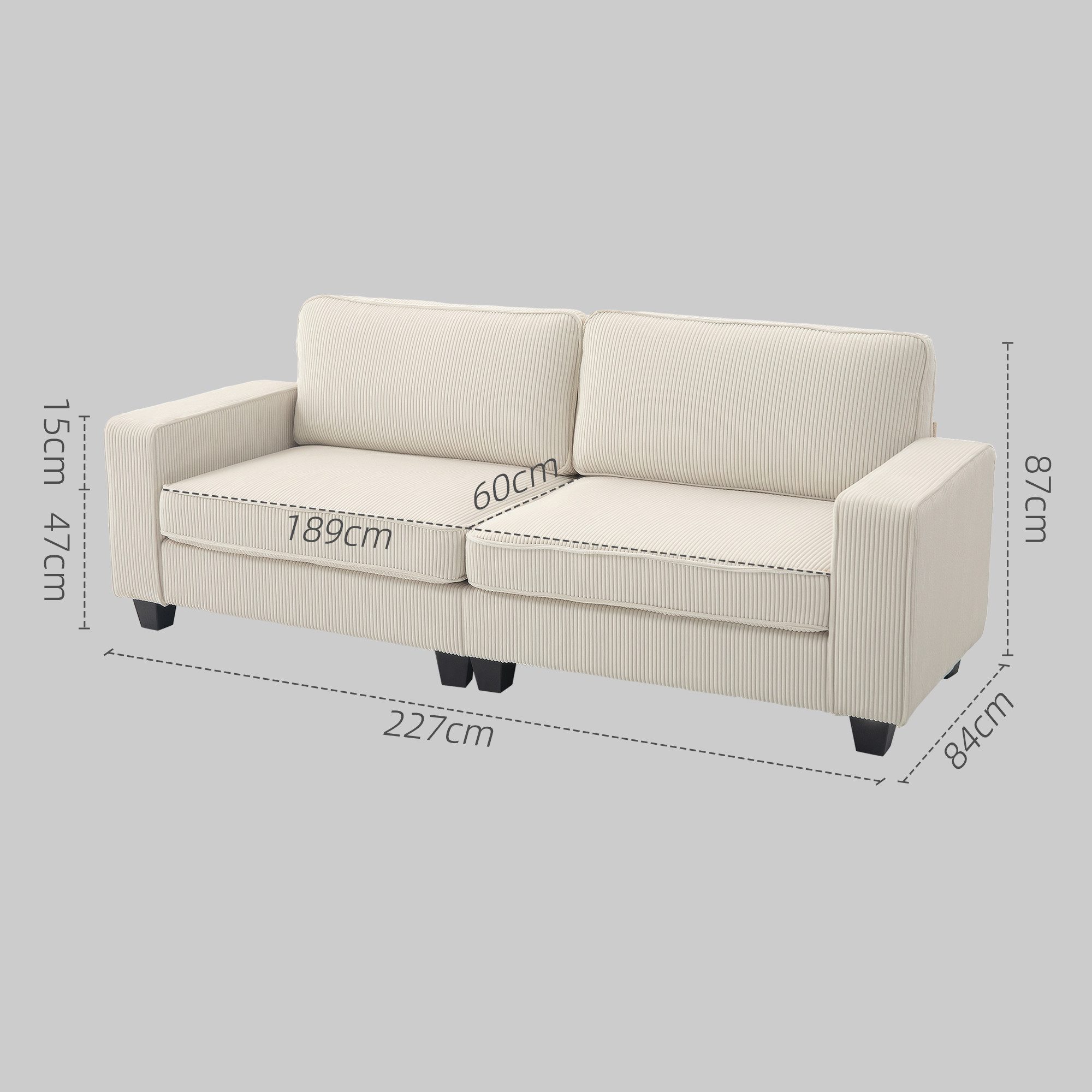 HOMCOM 3-Sitzer Couch mit Armlehnen, Rückenkissen, Wohnzimmersofa 1 Teile, für Wohnzimmer, Schlafzimmer 227 x 84 x 87 cm, Cremeweiß