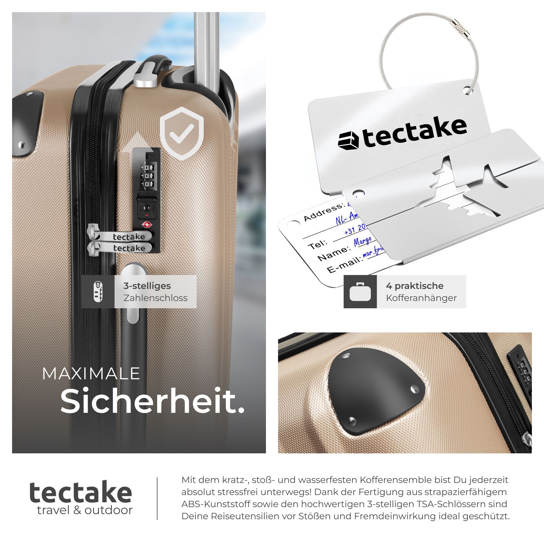 tectake Trolley Hartschalenkoffer-Set 19-teilig aus ABS-Kunststoff, Kofferwaage, 4 Rollen, TSA-Schloss, 360° drehbare, abnehmbare Rollen, mit Packwürfelset – Bild 5 von 5