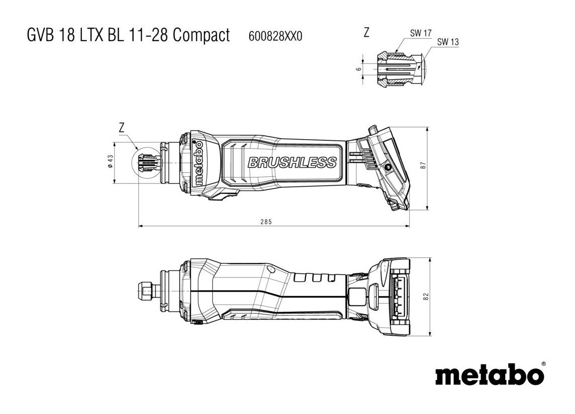 Metabo Cordless Straight Grinder GVB 18 LTX BL 11-28 Compact, max. 28,000 rpm, Battery not included, Boxed