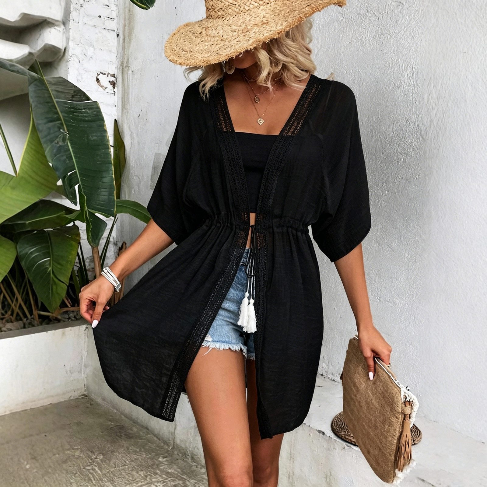 MOPUEA Strandkleid Strandtunika Damen Boho Bikini Überwurf Mit Spitze V Ausschnitt (Damen Strandtunika Bikini Überwurf Im Boho Stil, Schnelltrocknender Überwurf Mit Tunnelzug Und Spitze) Luftig Figurfreundlich Pflegeleicht Und Reisetauglich